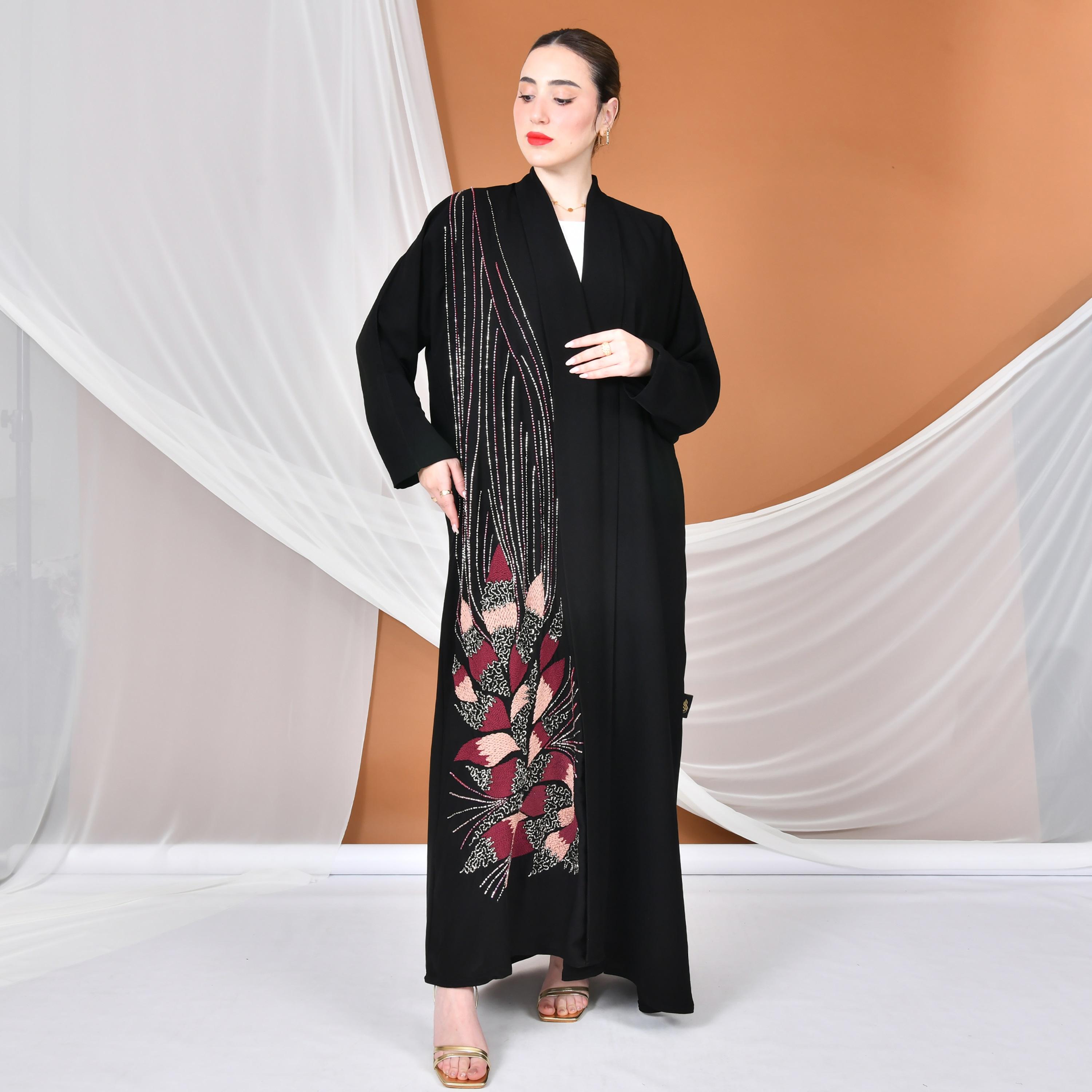 Hawraa Abaya Black Embroidered Linen Women's Evening Abaya-women-arabicclothing-abayas-image-1