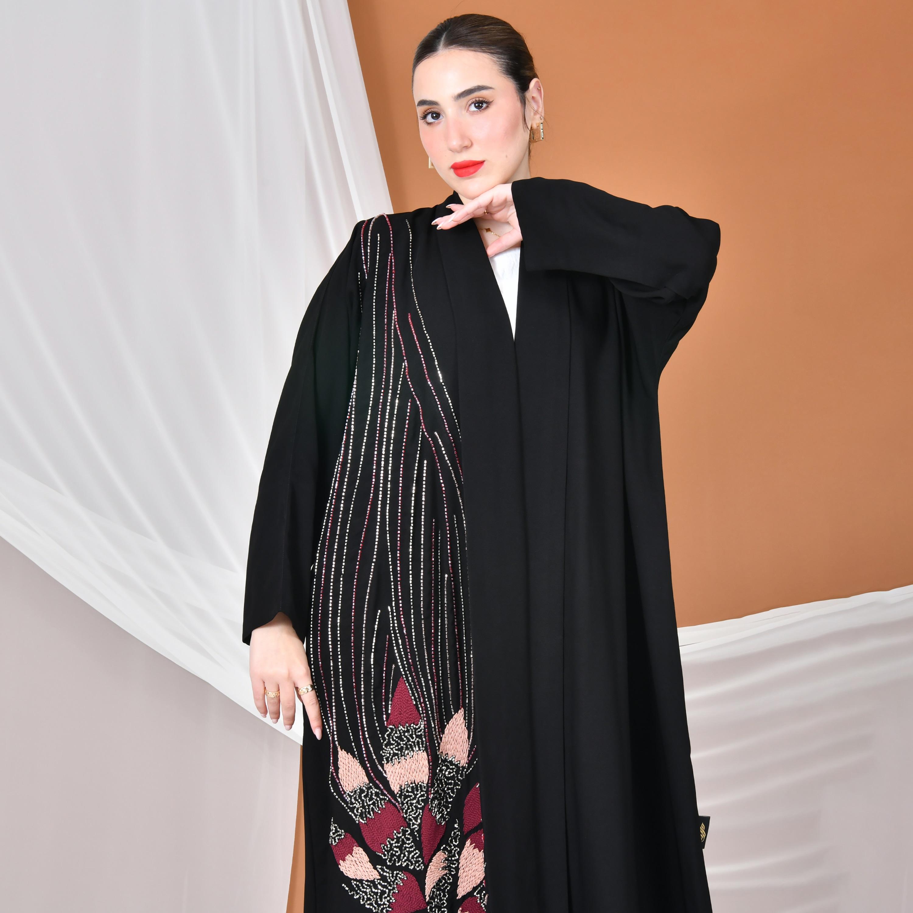 Hawraa Abaya Black Embroidered Linen Women's Evening Abaya-women-arabicclothing-abayas-image-2