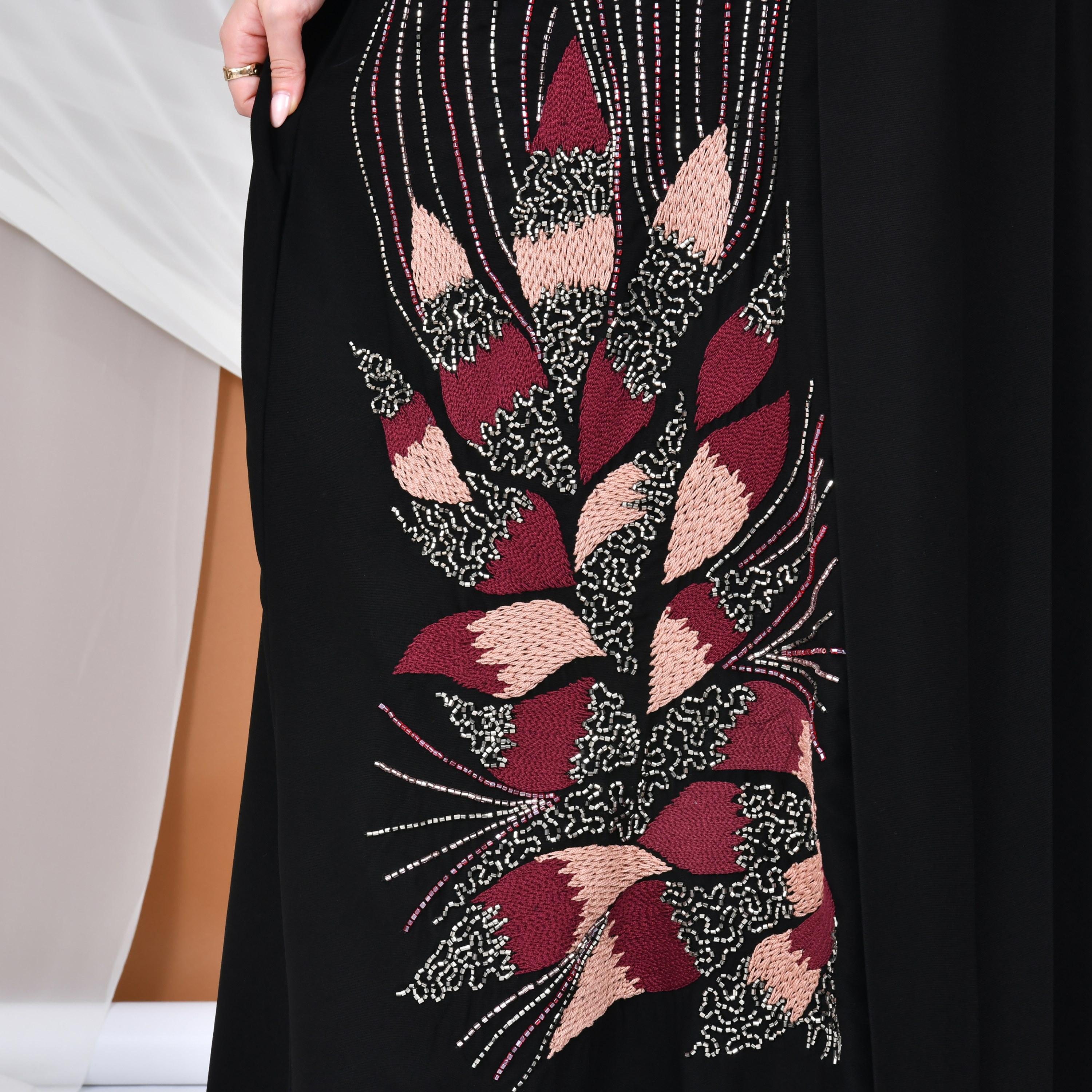 Hawraa Abaya Black Embroidered Linen Women's Evening Abaya-women-arabicclothing-abayas-image-4