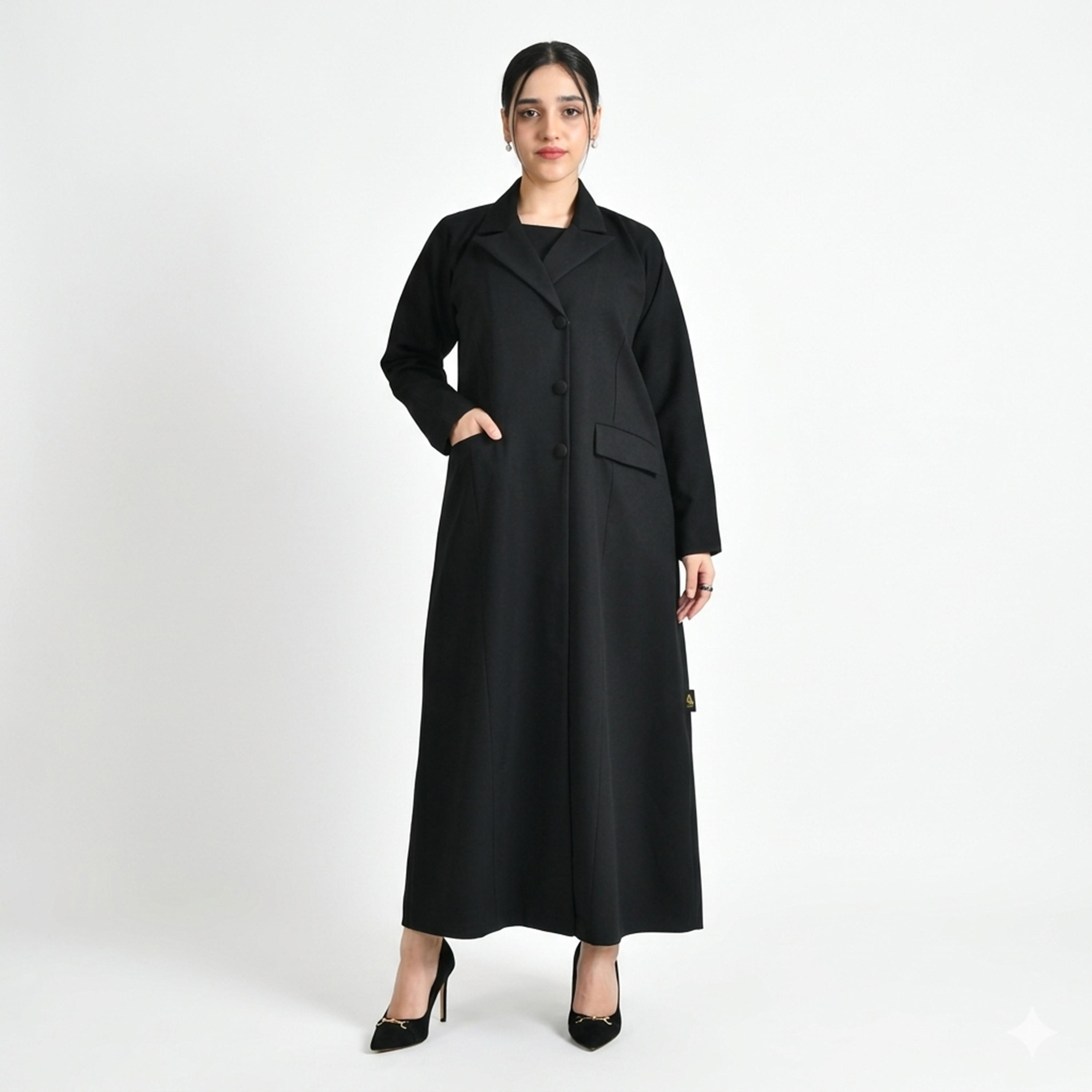 Hawraa Abaya Black Lapel Collar Linen Women's Formal Blazer Style Abaya-women-arabicclothing-abayas-image-1