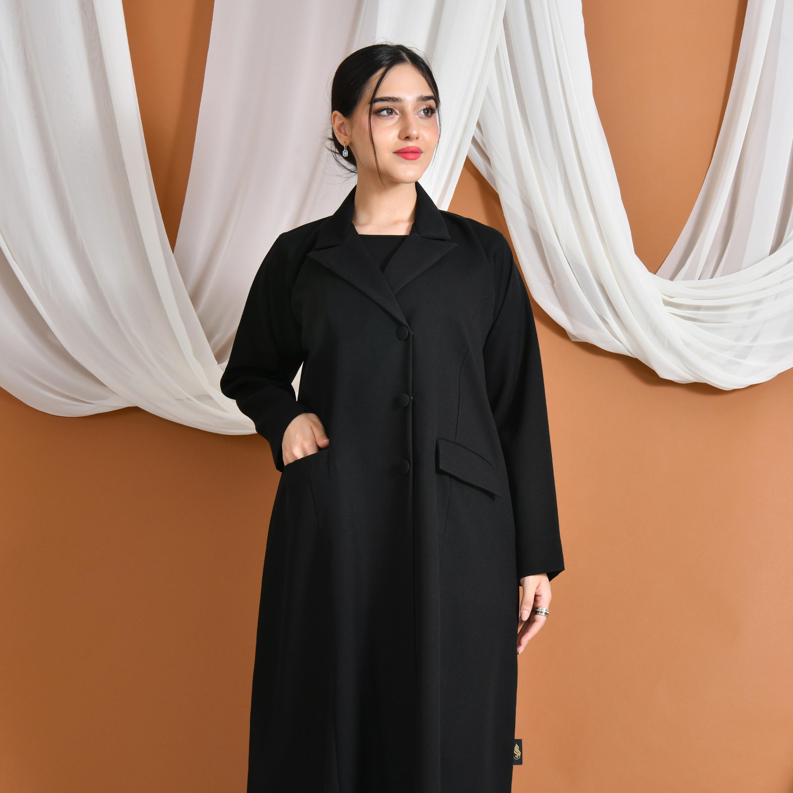 Hawraa Abaya Black Lapel Collar Linen Women's Formal Blazer Style Abaya-women-arabicclothing-abayas-image-2