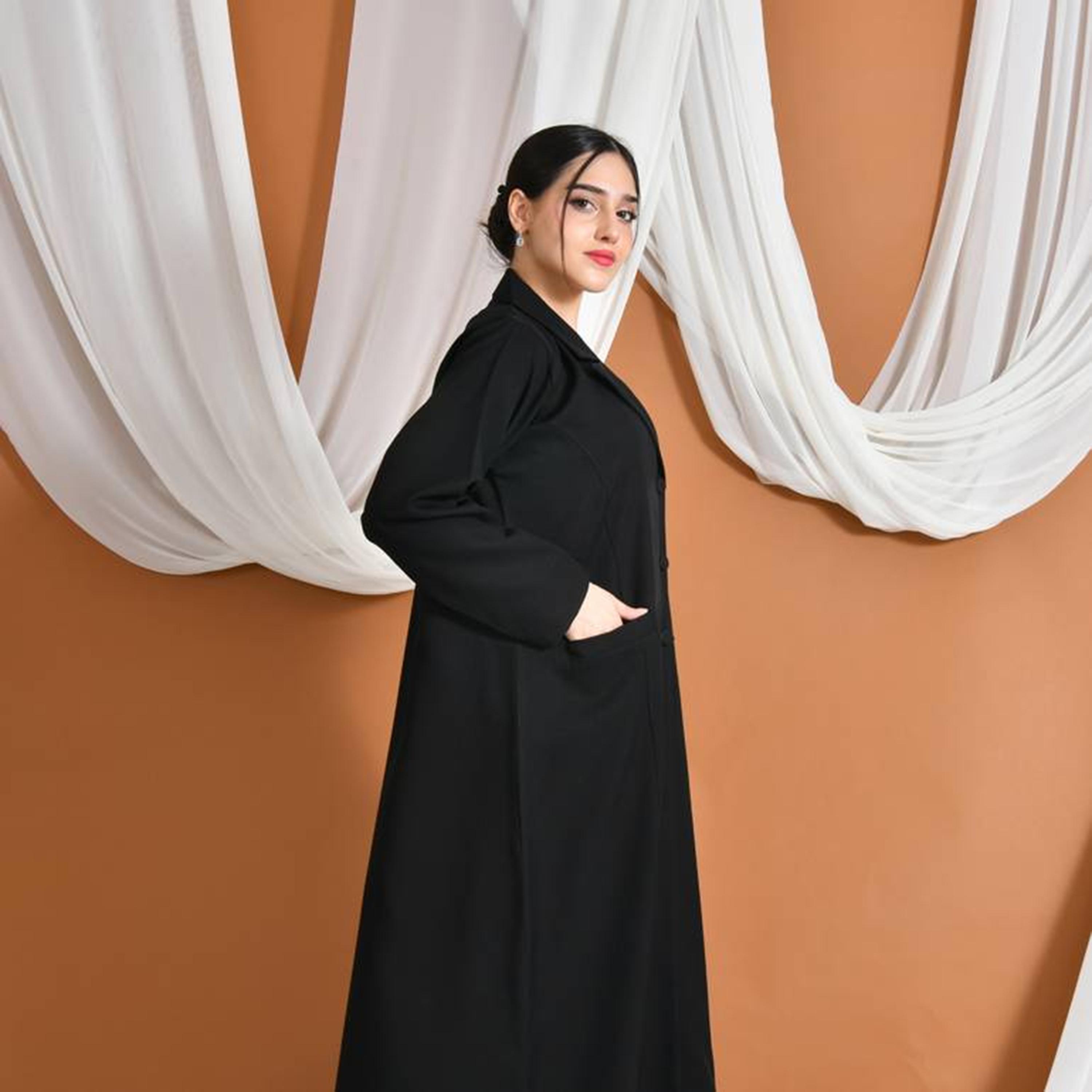 Hawraa Abaya Black Lapel Collar Linen Women's Formal Blazer Style Abaya-women-arabicclothing-abayas-image-3