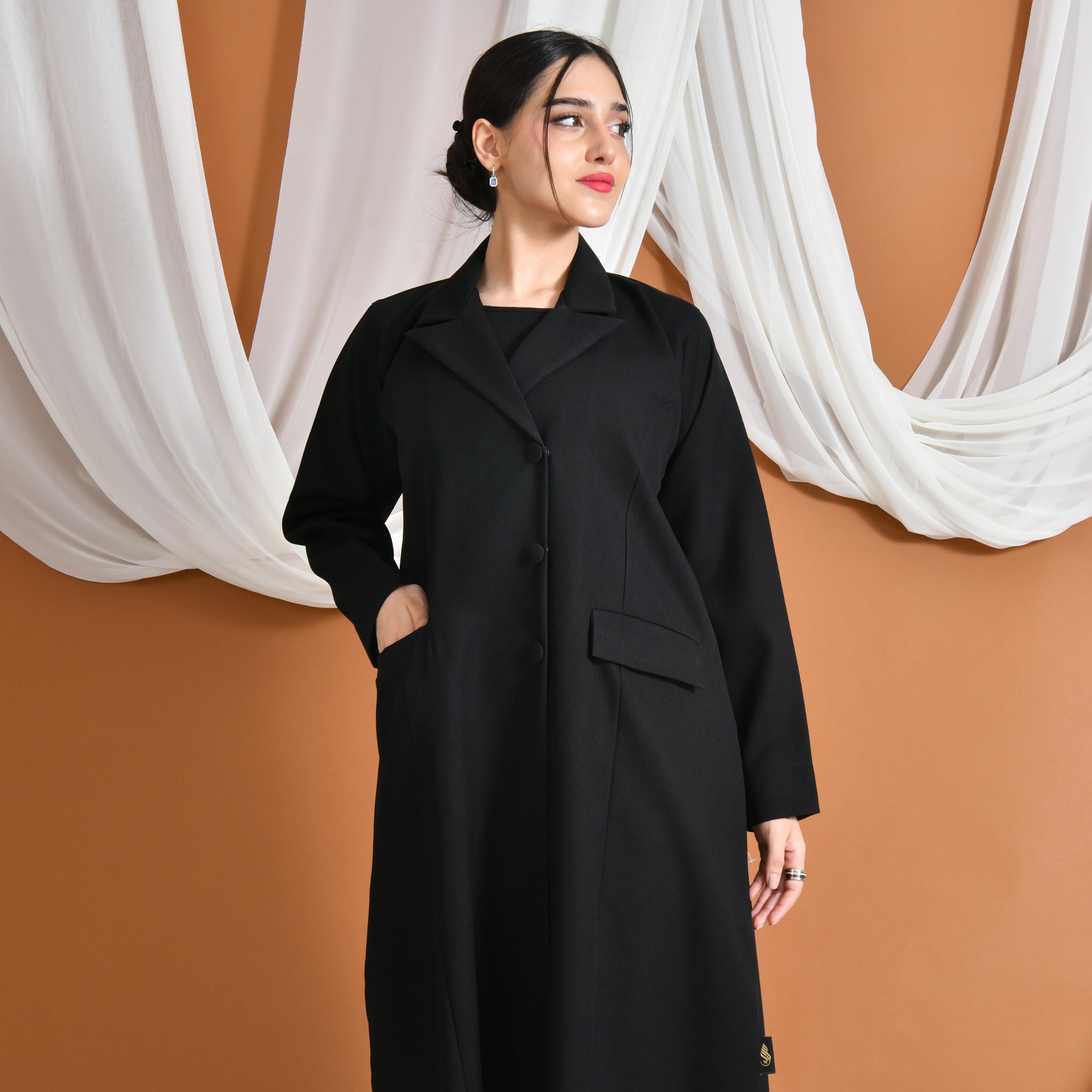 Hawraa Abaya Black Lapel Collar Linen Women's Formal Blazer Style Abaya-women-arabicclothing-abayas-image-4