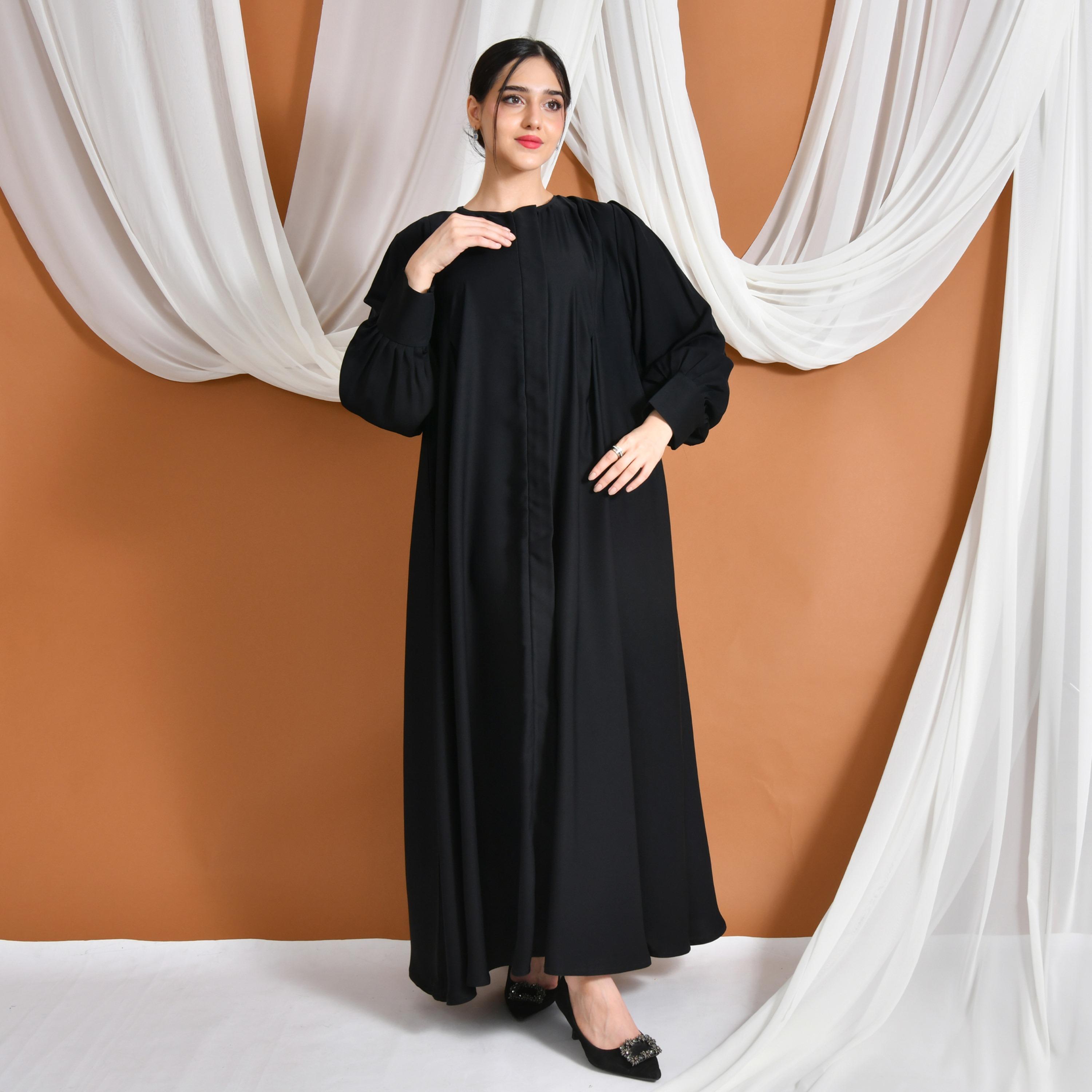 Hawraa Abaya Black Pleated Cuff Sleeves Linen Women's Abaya-women-arabicclothing-abayas-image-1