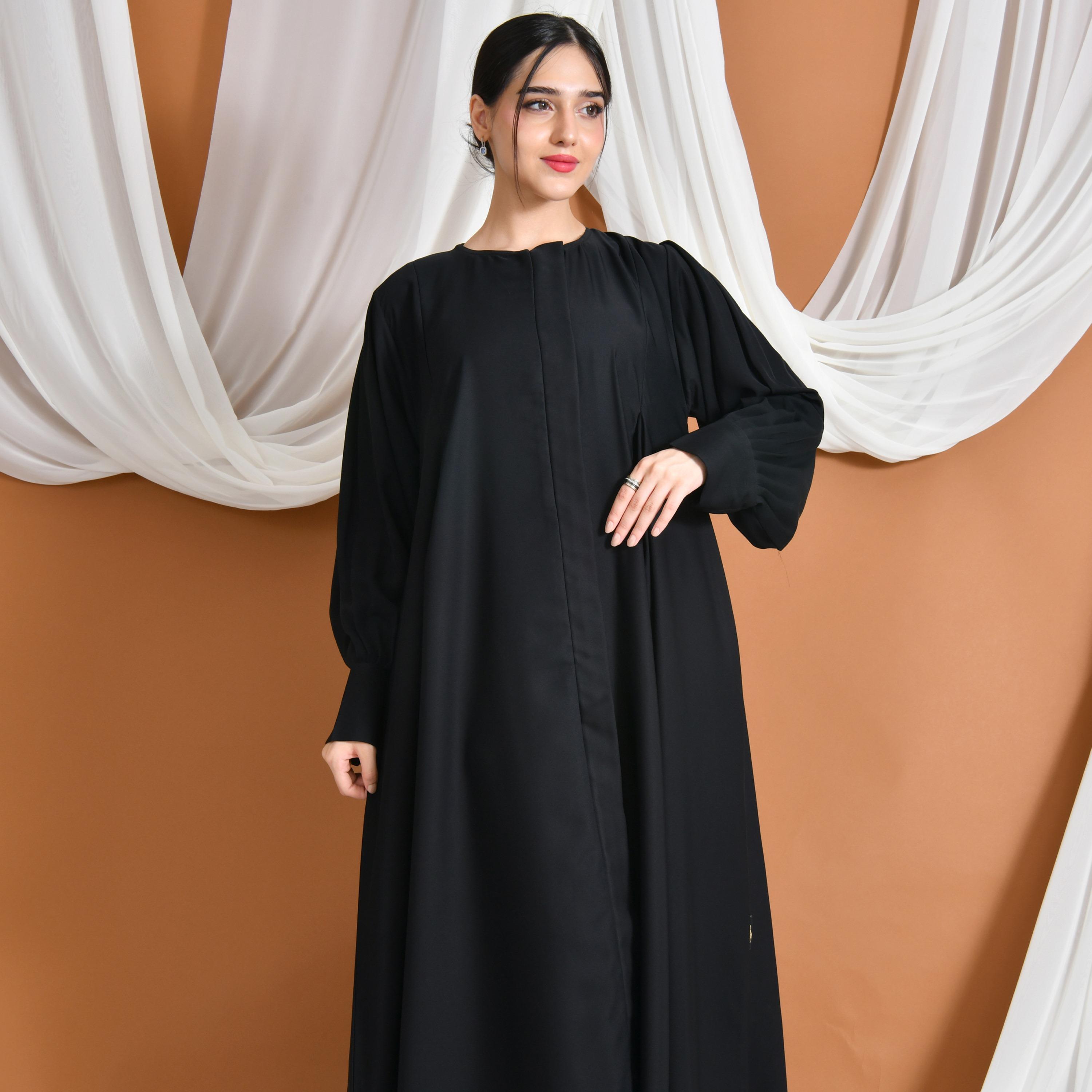 Hawraa Abaya Black Pleated Cuff Sleeves Linen Women's Abaya-women-arabicclothing-abayas-image-2