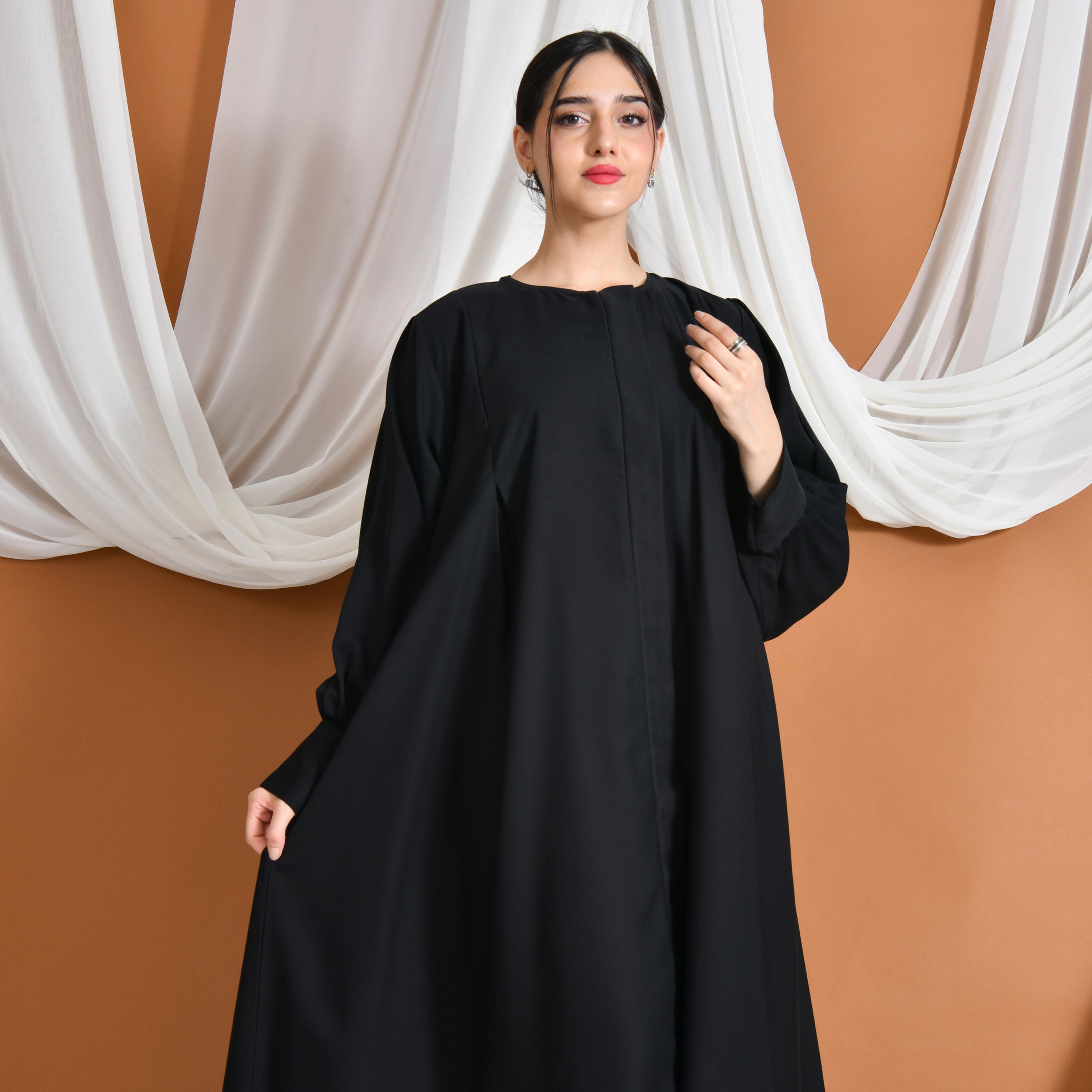 Hawraa Abaya Black Pleated Cuff Sleeves Linen Women's Abaya-women-arabicclothing-abayas-image-3