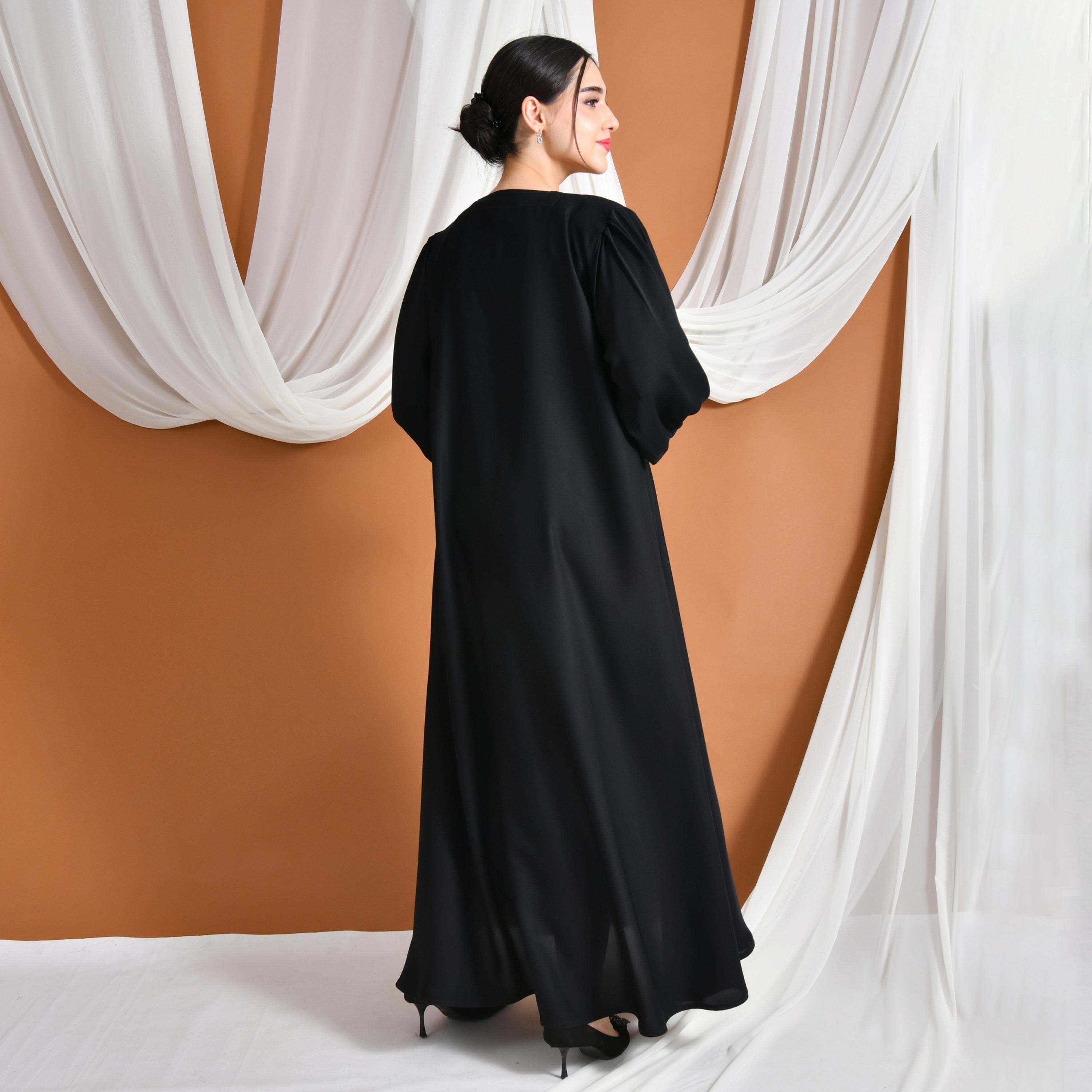 Hawraa Abaya Black Pleated Cuff Sleeves Linen Women's Abaya-women-arabicclothing-abayas-image-5