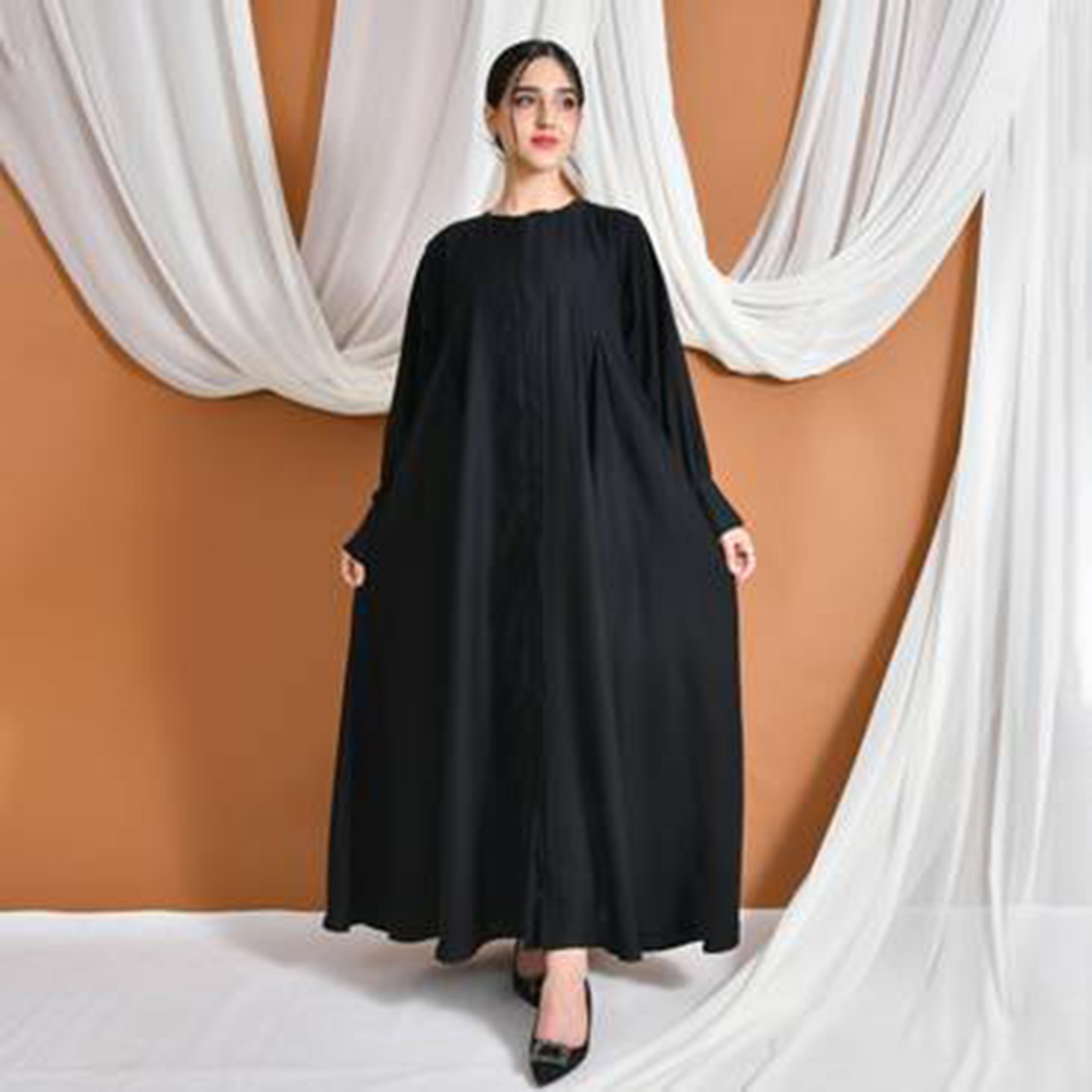 Hawraa Abaya Black Pleated Cuff Sleeves Linen Women's Abaya-women-arabicclothing-abayas-image-6