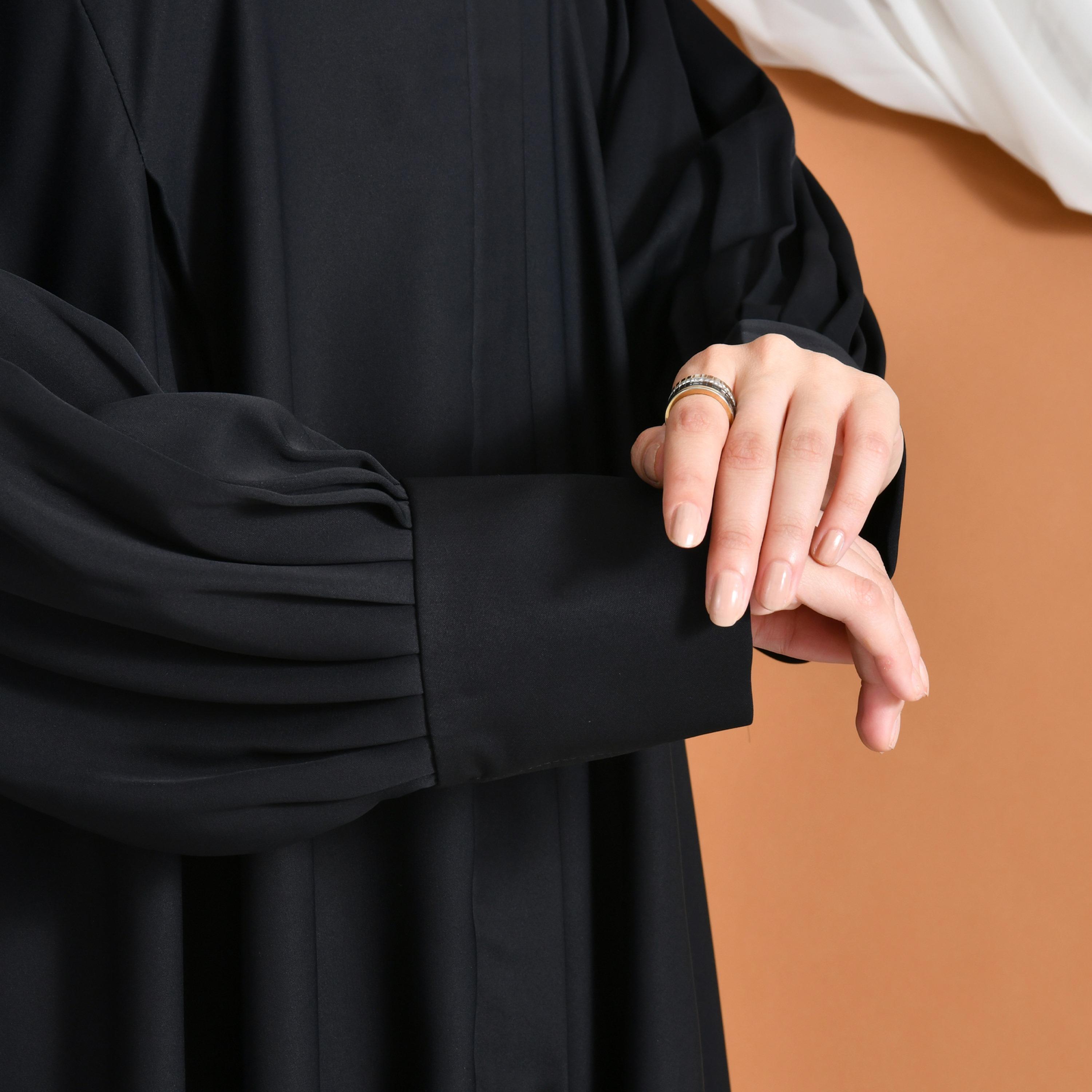 Hawraa Abaya Black Pleated Cuff Sleeves Linen Women's Abaya-women-arabicclothing-abayas-image-8
