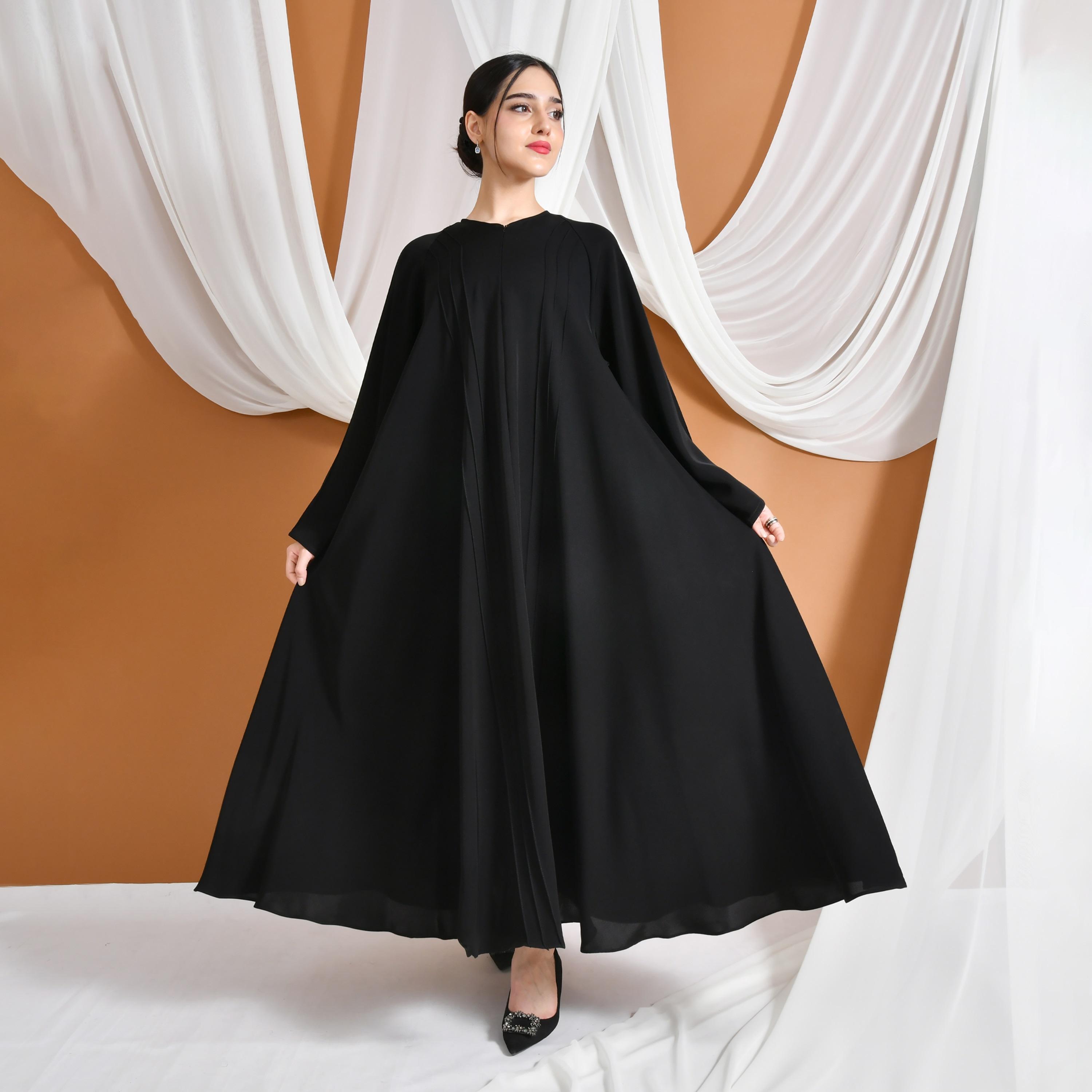 Hawraa Abaya Black Linen Women's Flared Abaya-women-arabicclothing-abayas-image-1