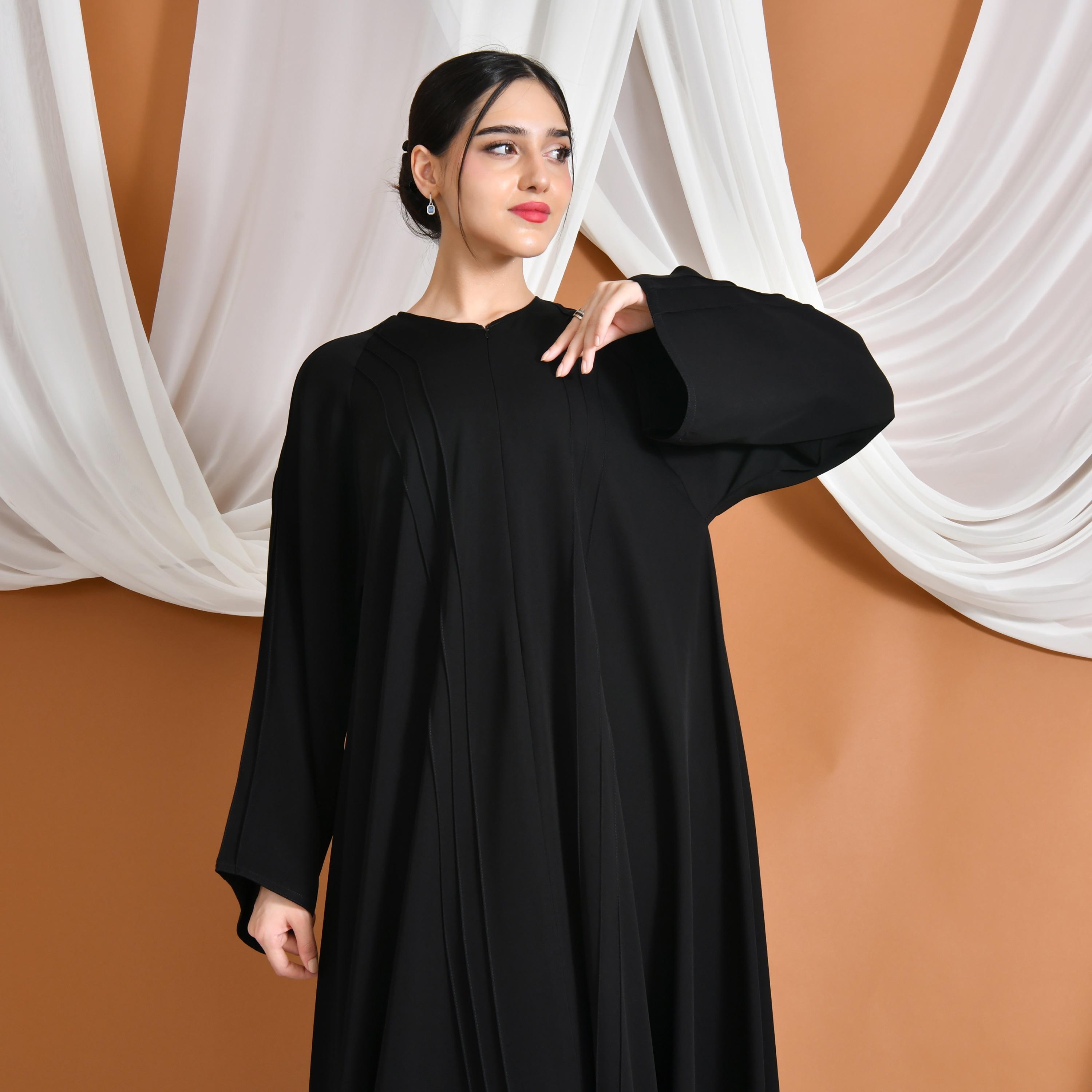 Hawraa Abaya Black Linen Women's Flared Abaya-women-arabicclothing-abayas-image-2