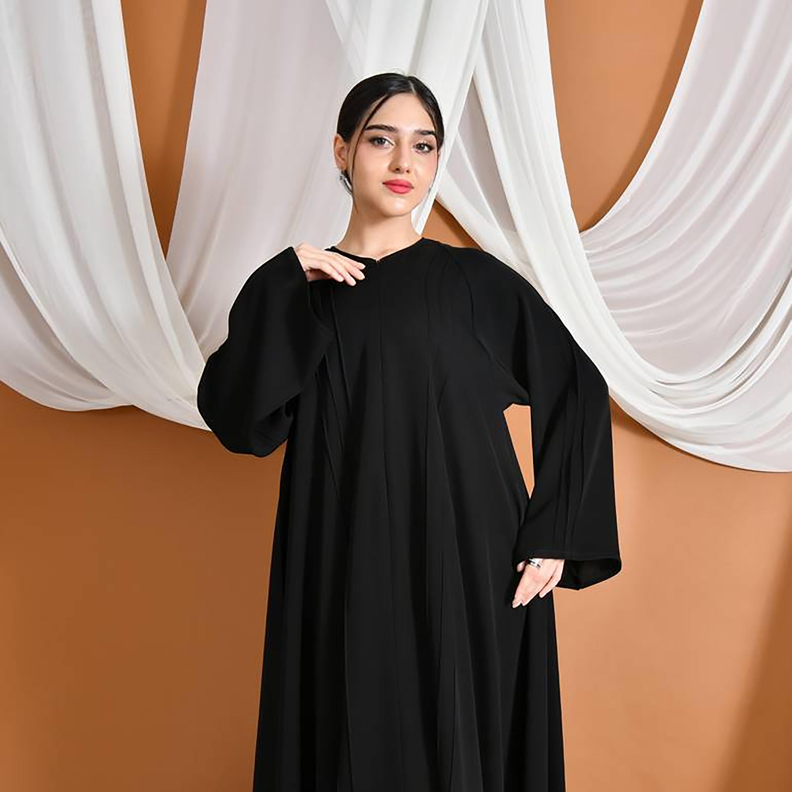 Hawraa Abaya Black Linen Women's Flared Abaya-women-arabicclothing-abayas-image-3