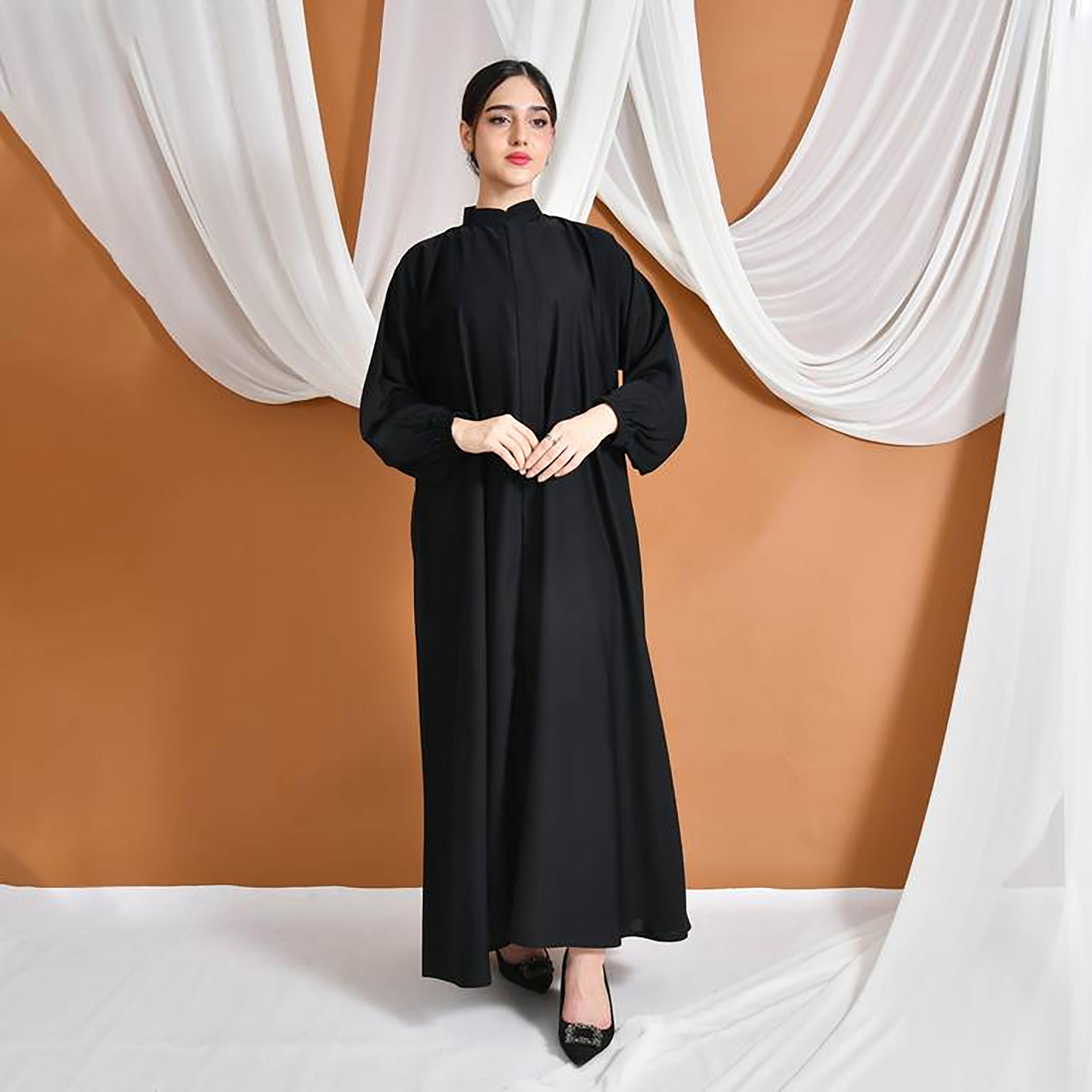 عباية حوراء سوداء من الكتان بياقة ماندارين وأكمام منفوخة للنساء-women-arabicclothing-abayas-image-1