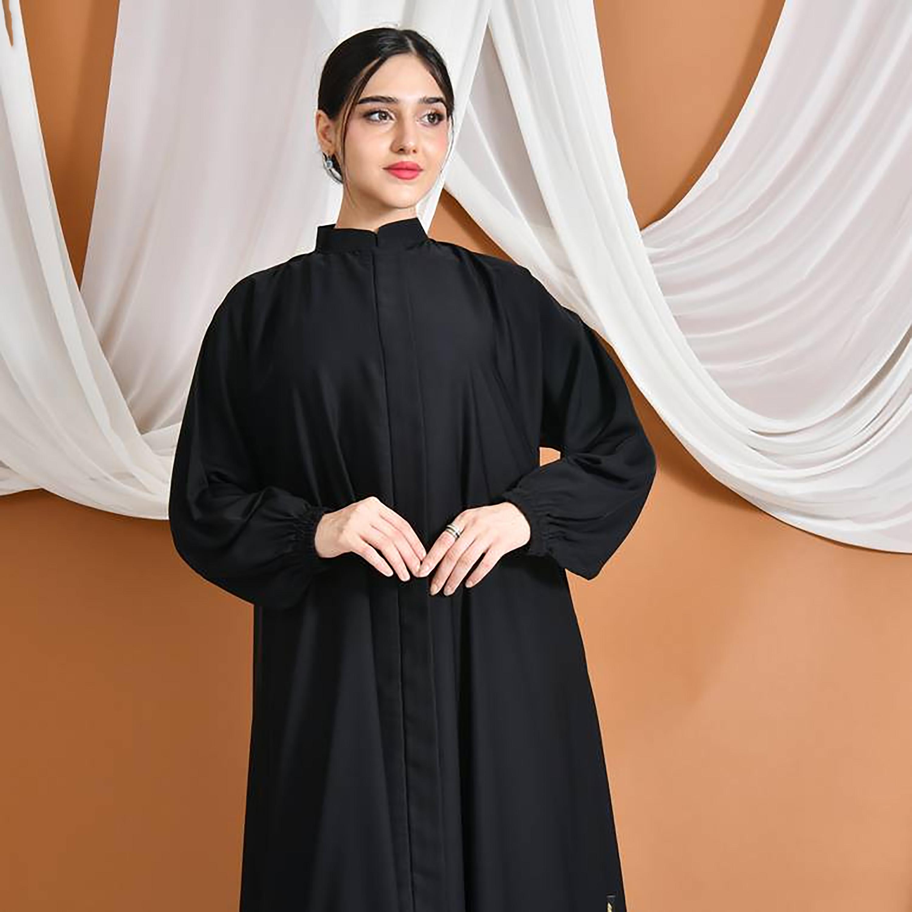 عباية حوراء سوداء من الكتان بياقة ماندارين وأكمام منفوخة للنساء-women-arabicclothing-abayas-image-2