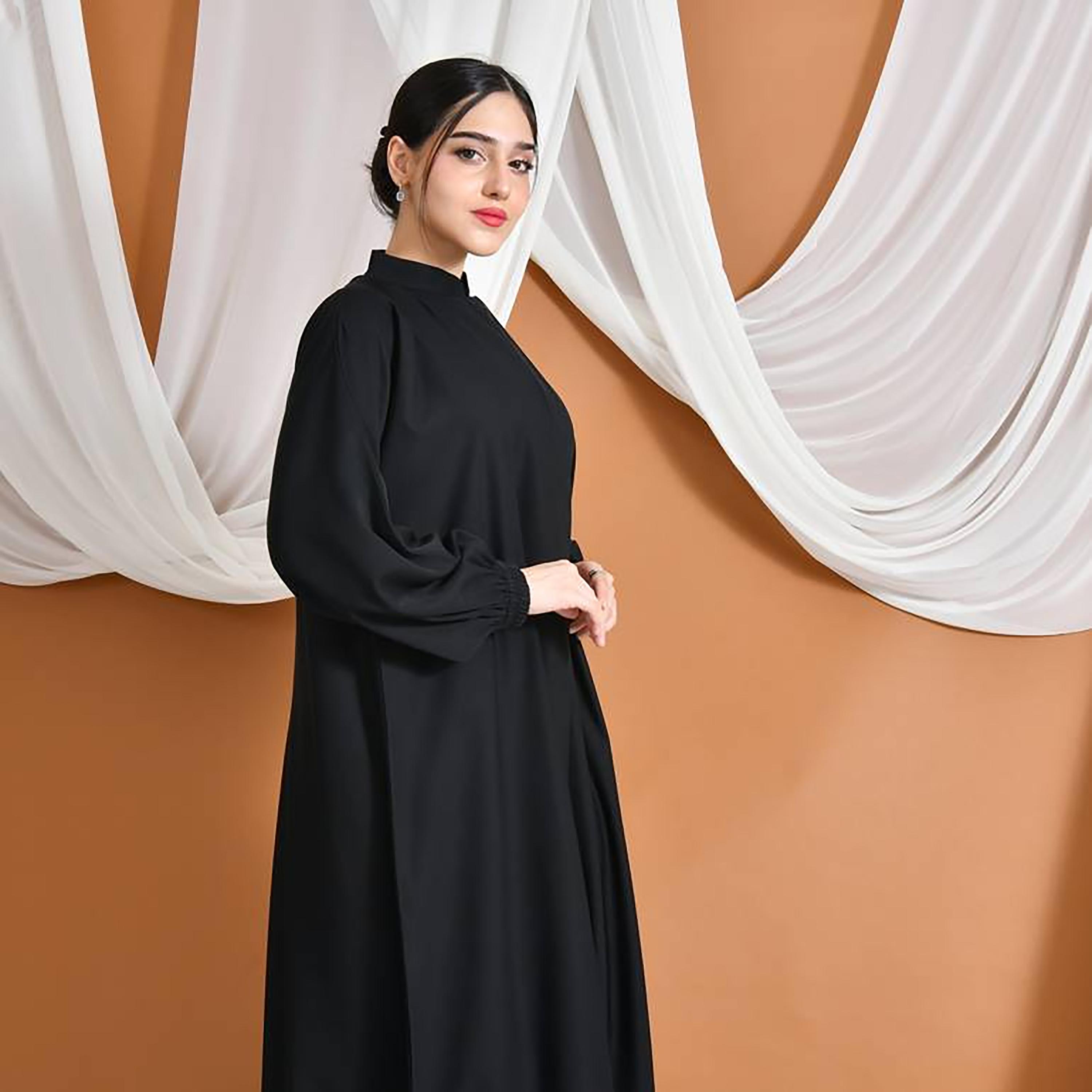 عباية حوراء سوداء من الكتان بياقة ماندارين وأكمام منفوخة للنساء-women-arabicclothing-abayas-image-3