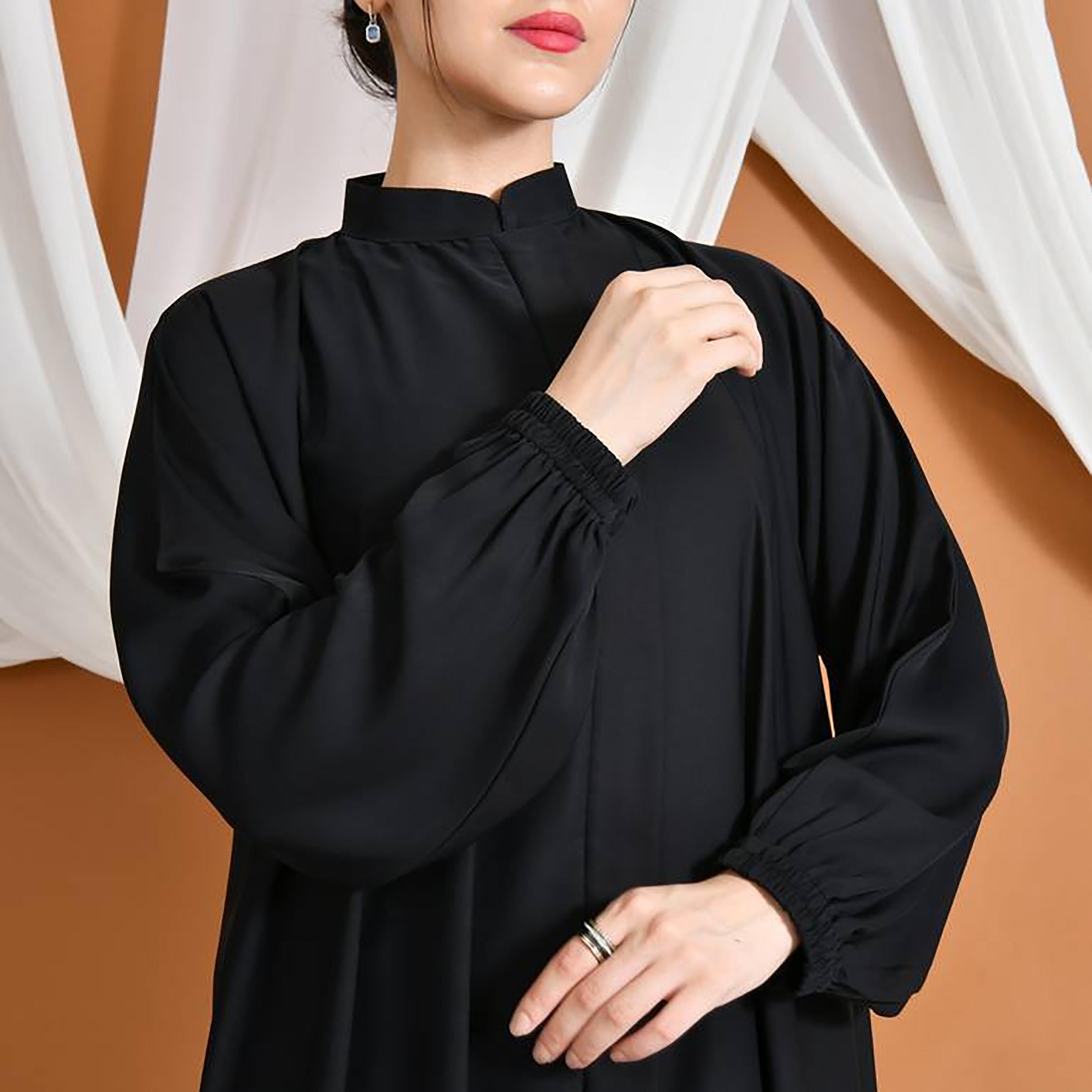 عباية حوراء سوداء من الكتان بياقة ماندارين وأكمام منفوخة للنساء-women-arabicclothing-abayas-image-4