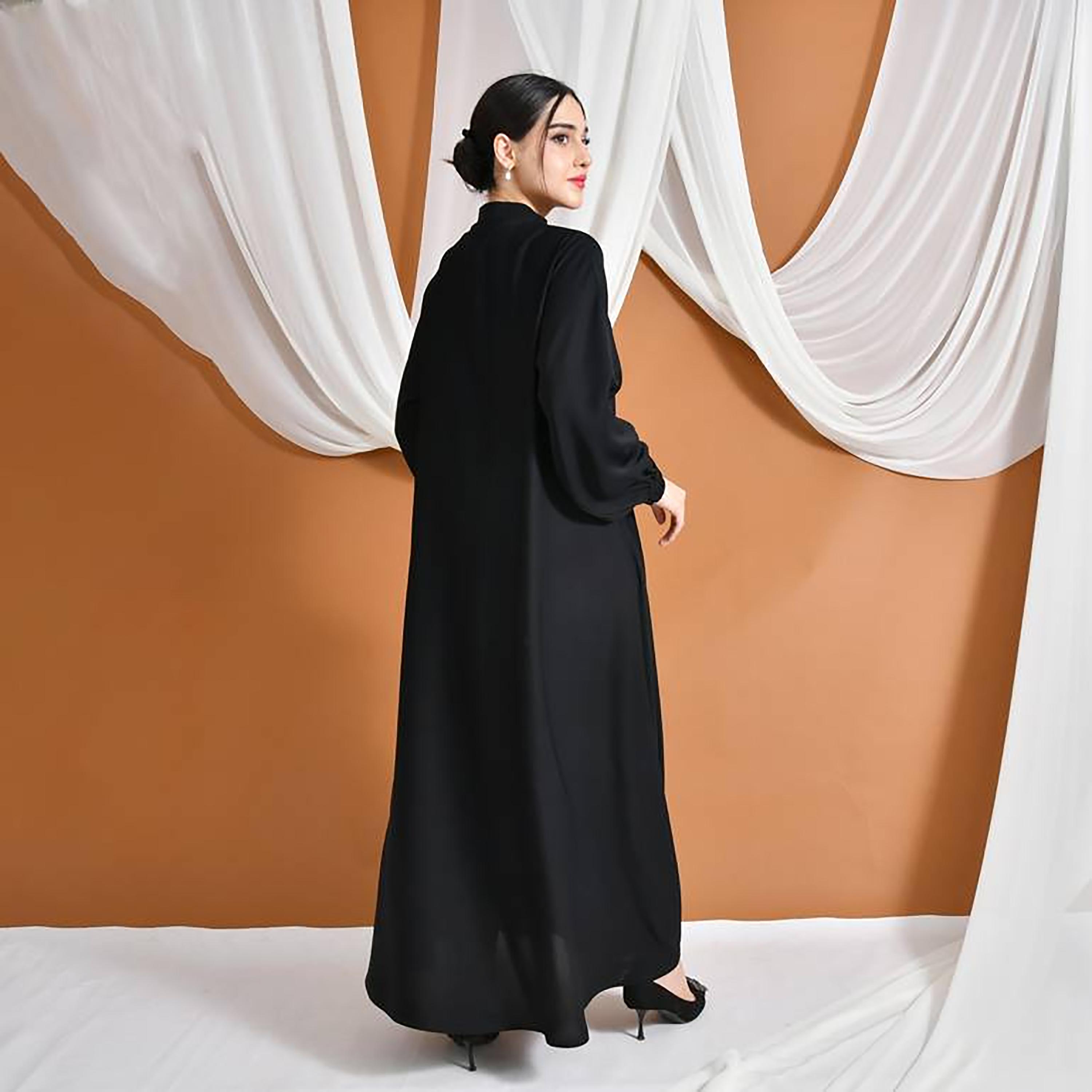 عباية حوراء سوداء من الكتان بياقة ماندارين وأكمام منفوخة للنساء-women-arabicclothing-abayas-image-5