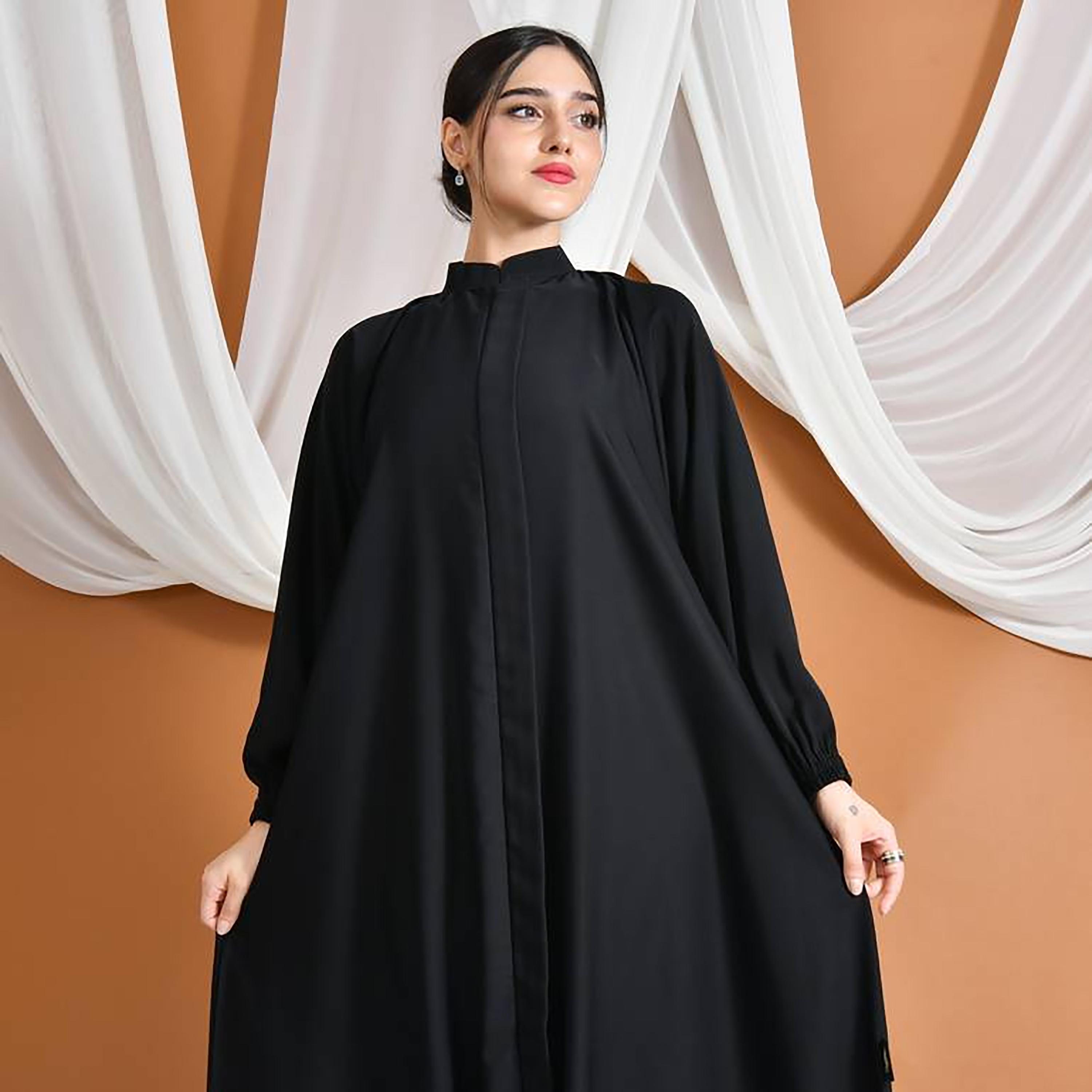 عباية حوراء سوداء من الكتان بياقة ماندارين وأكمام منفوخة للنساء-women-arabicclothing-abayas-image-6