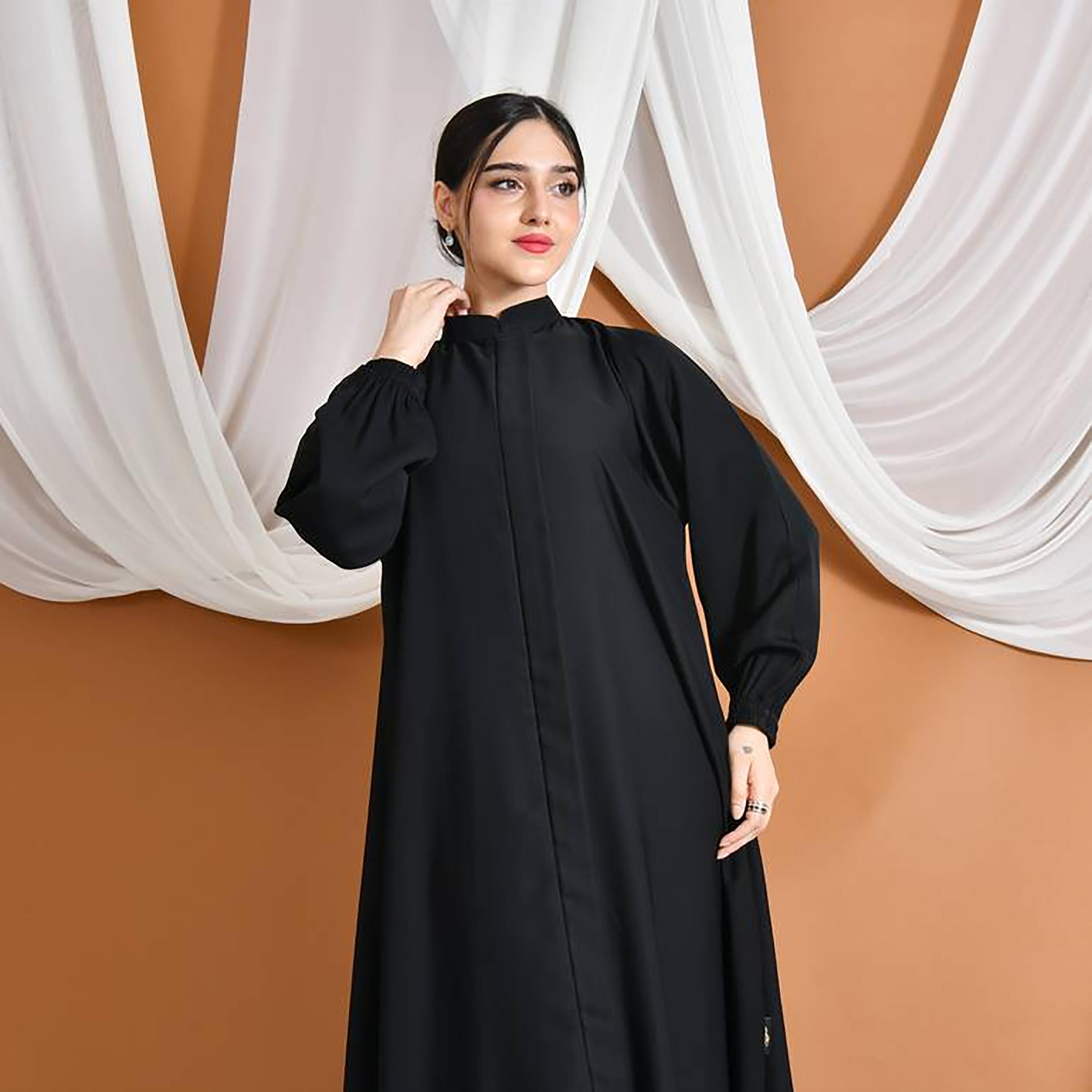 عباية حوراء سوداء من الكتان بياقة ماندارين وأكمام منفوخة للنساء-women-arabicclothing-abayas-image-7
