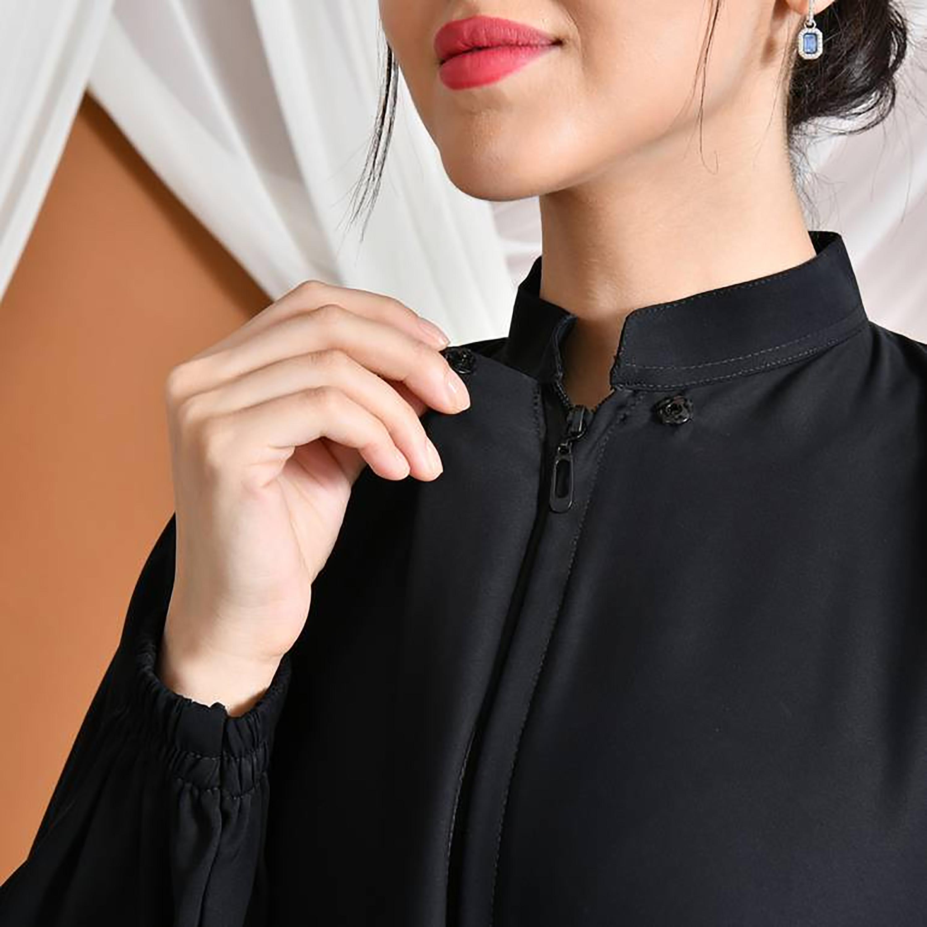 عباية حوراء سوداء من الكتان بياقة ماندارين وأكمام منفوخة للنساء-women-arabicclothing-abayas-image-8