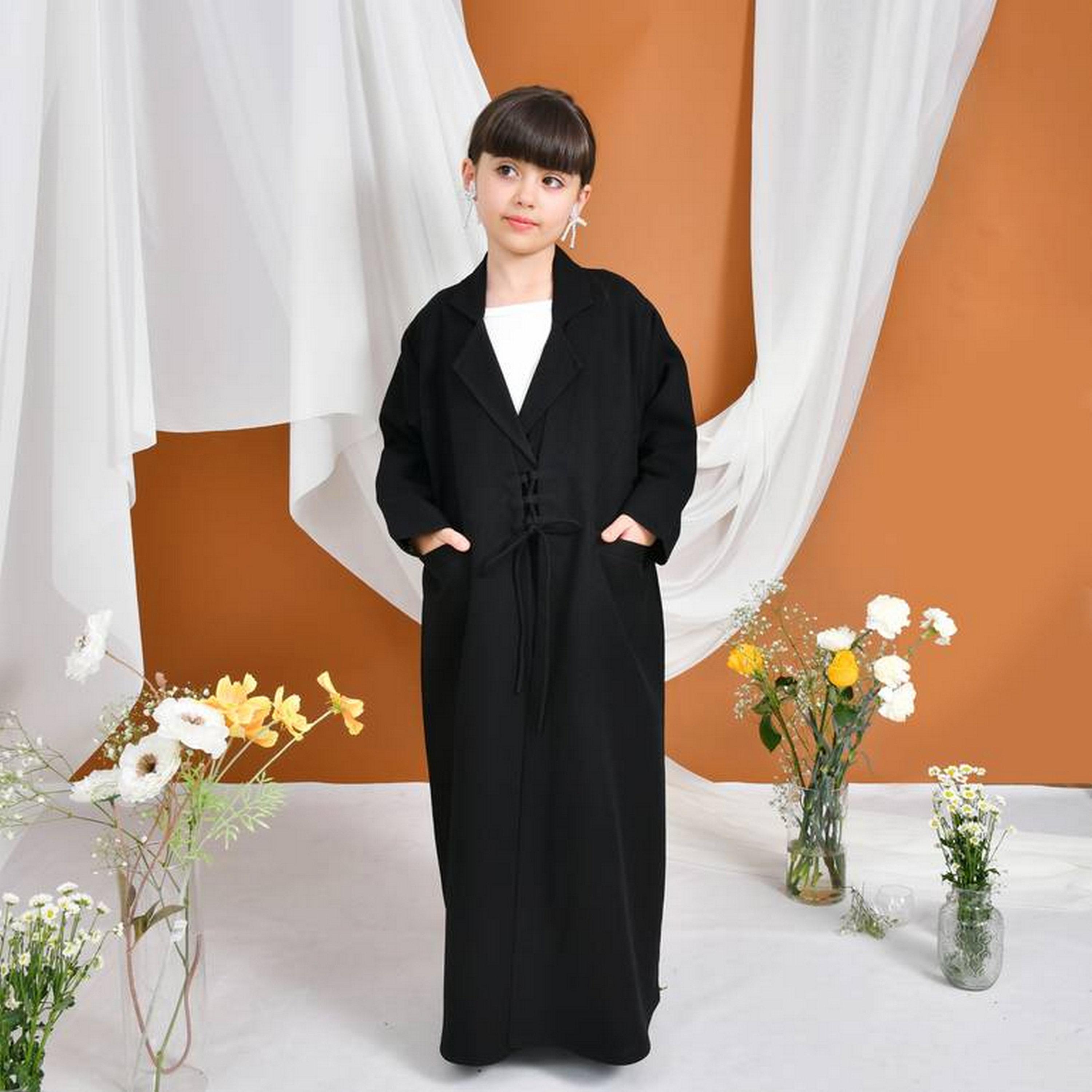 Hawraa Black Front Tie Detailed Lapel Collar Linen Girls Formal Abaya with Hijab-girls-arabicclothing-abayas-image-1