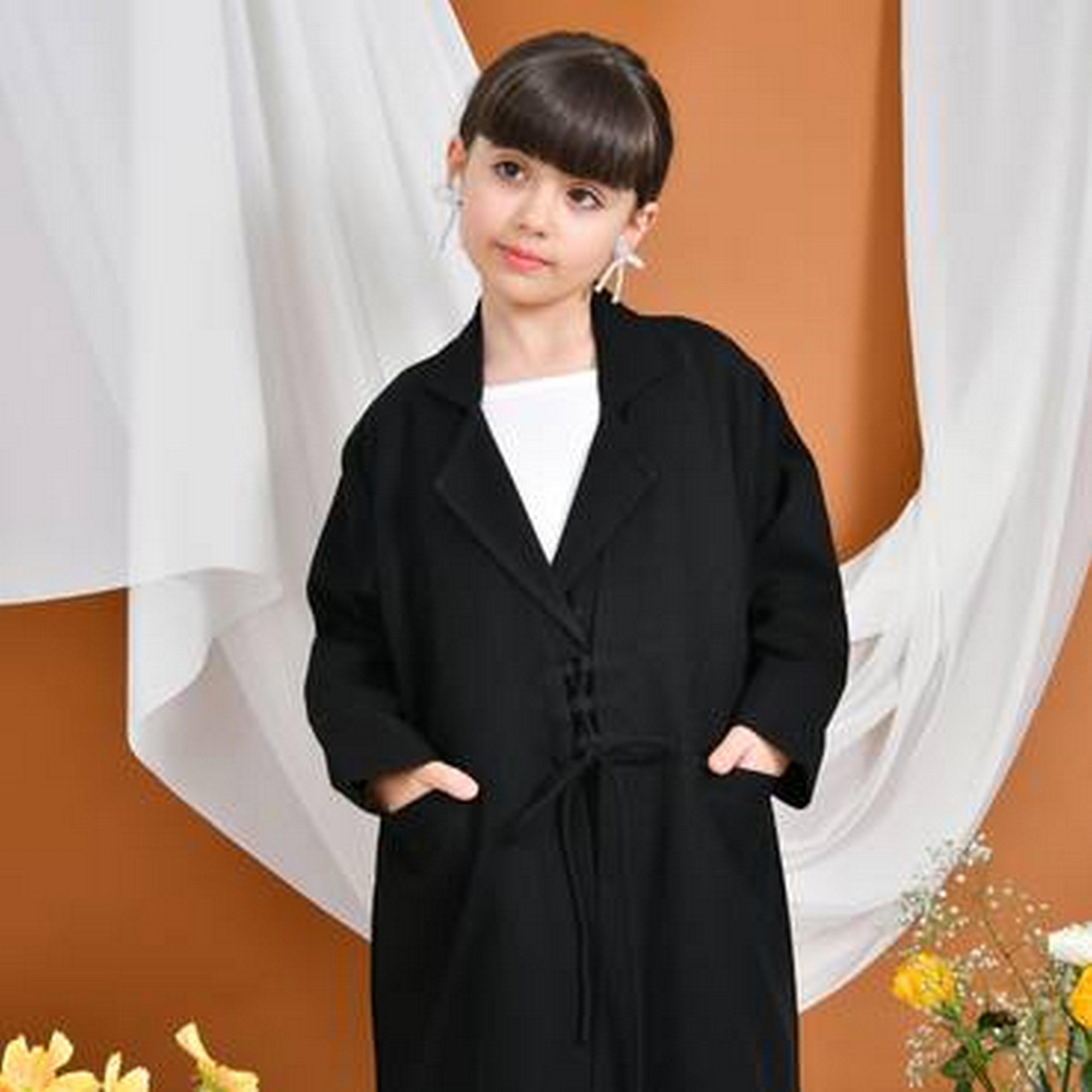 Hawraa Black Front Tie Detailed Lapel Collar Linen Girls Formal Abaya with Hijab-girls-arabicclothing-abayas-image-2