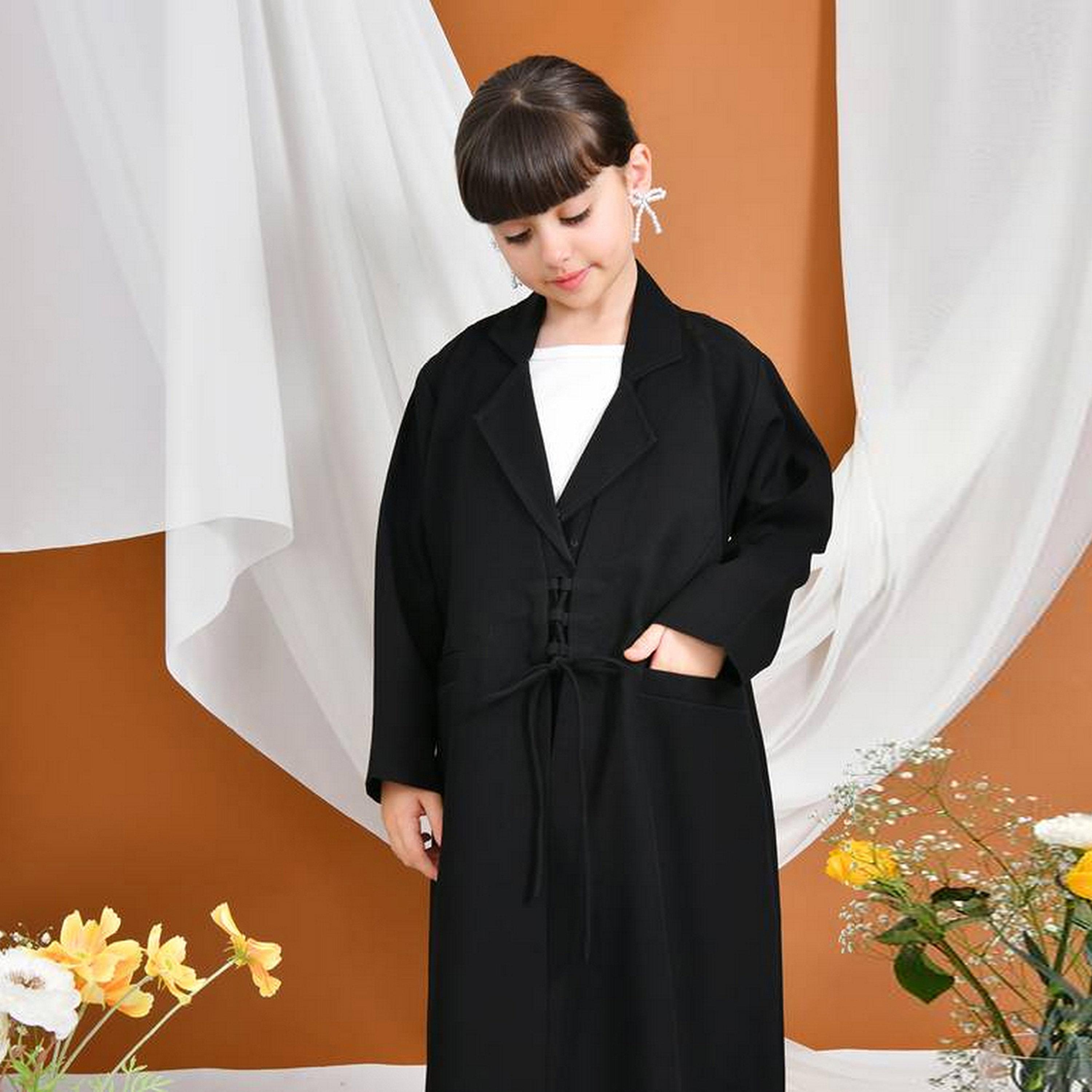 Hawraa Black Front Tie Detailed Lapel Collar Linen Girls Formal Abaya with Hijab-girls-arabicclothing-abayas-image-3