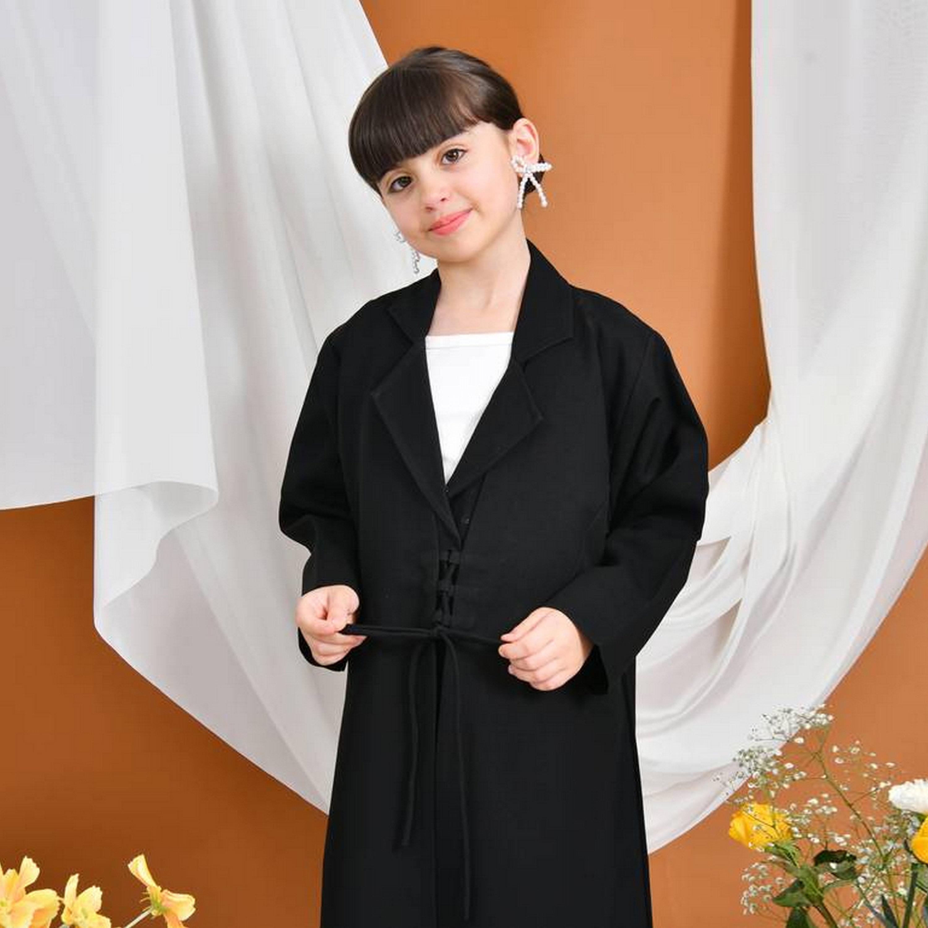 Hawraa Black Front Tie Detailed Lapel Collar Linen Girls Formal Abaya with Hijab-girls-arabicclothing-abayas-image-4
