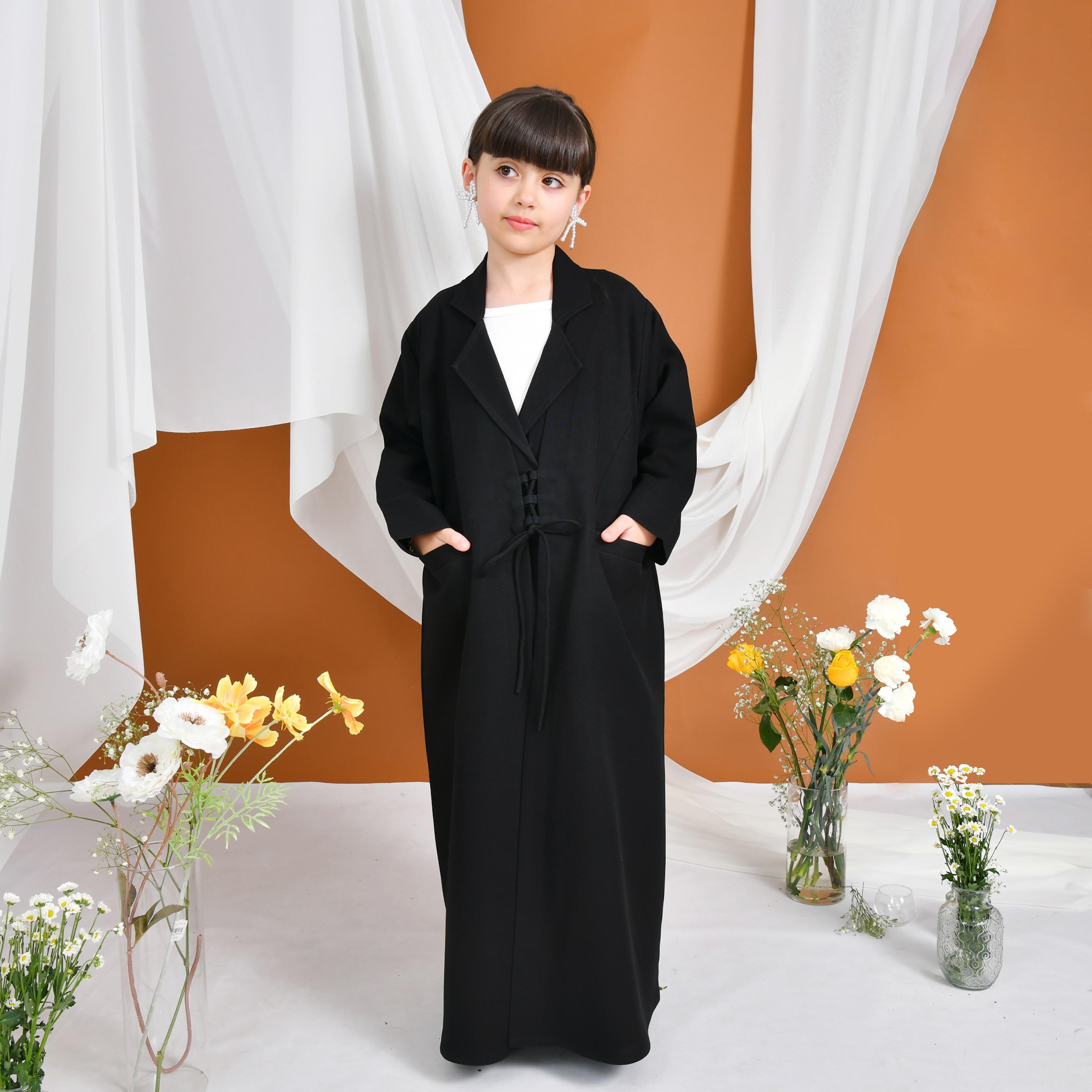 Hawraa Abaya Black Lapel Collar Linen Girls Formal Blazer Style Abaya-girls-arabicclothing-abayas-image-1