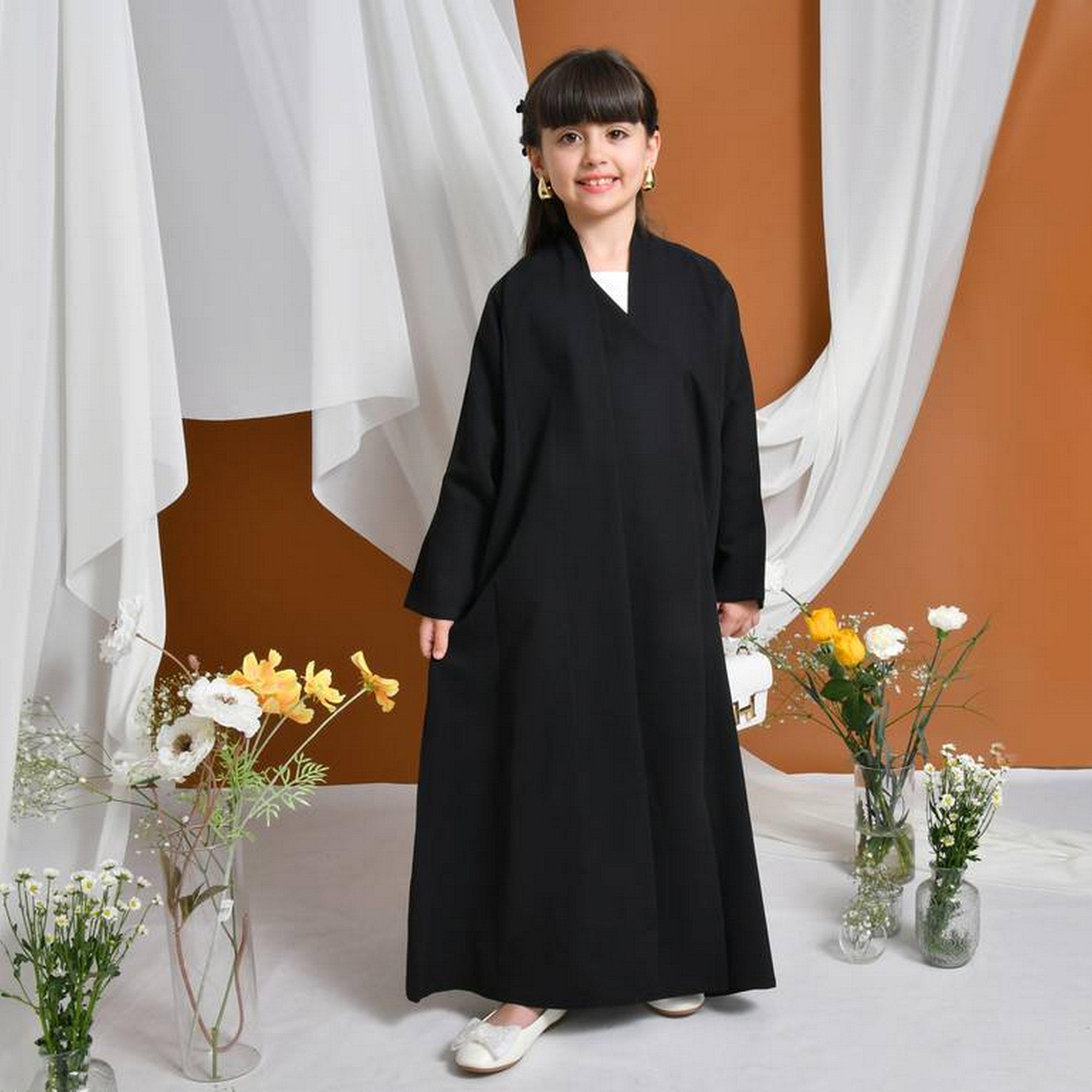 Hawraa Black Linen Girls Formal Bisht Abaya with Hijab-girls-arabicclothing-abayas-image-1