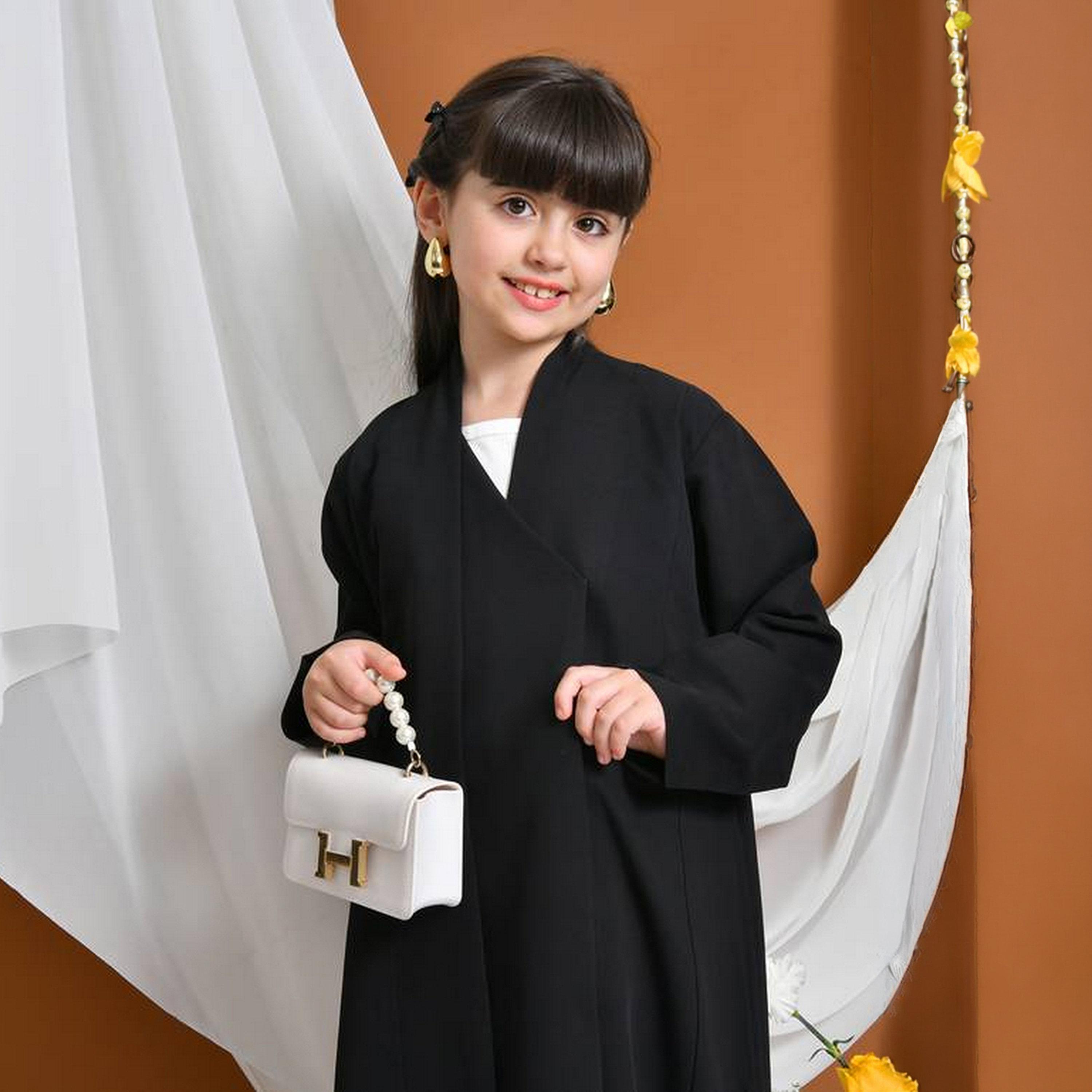 Hawraa Black Linen Girls Formal Bisht Abaya with Hijab-girls-arabicclothing-abayas-image-2