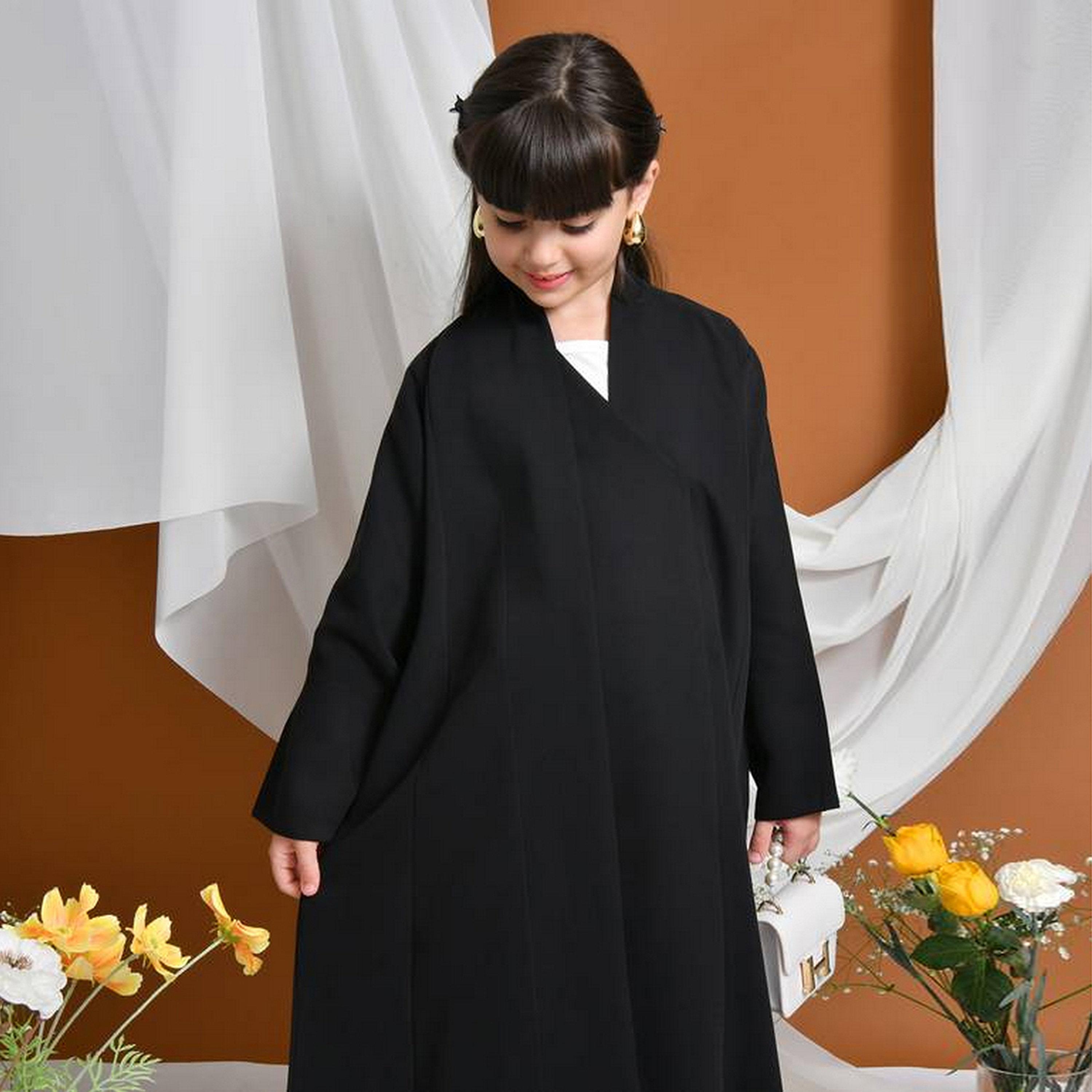 Hawraa Black Linen Girls Formal Bisht Abaya with Hijab-girls-arabicclothing-abayas-image-3