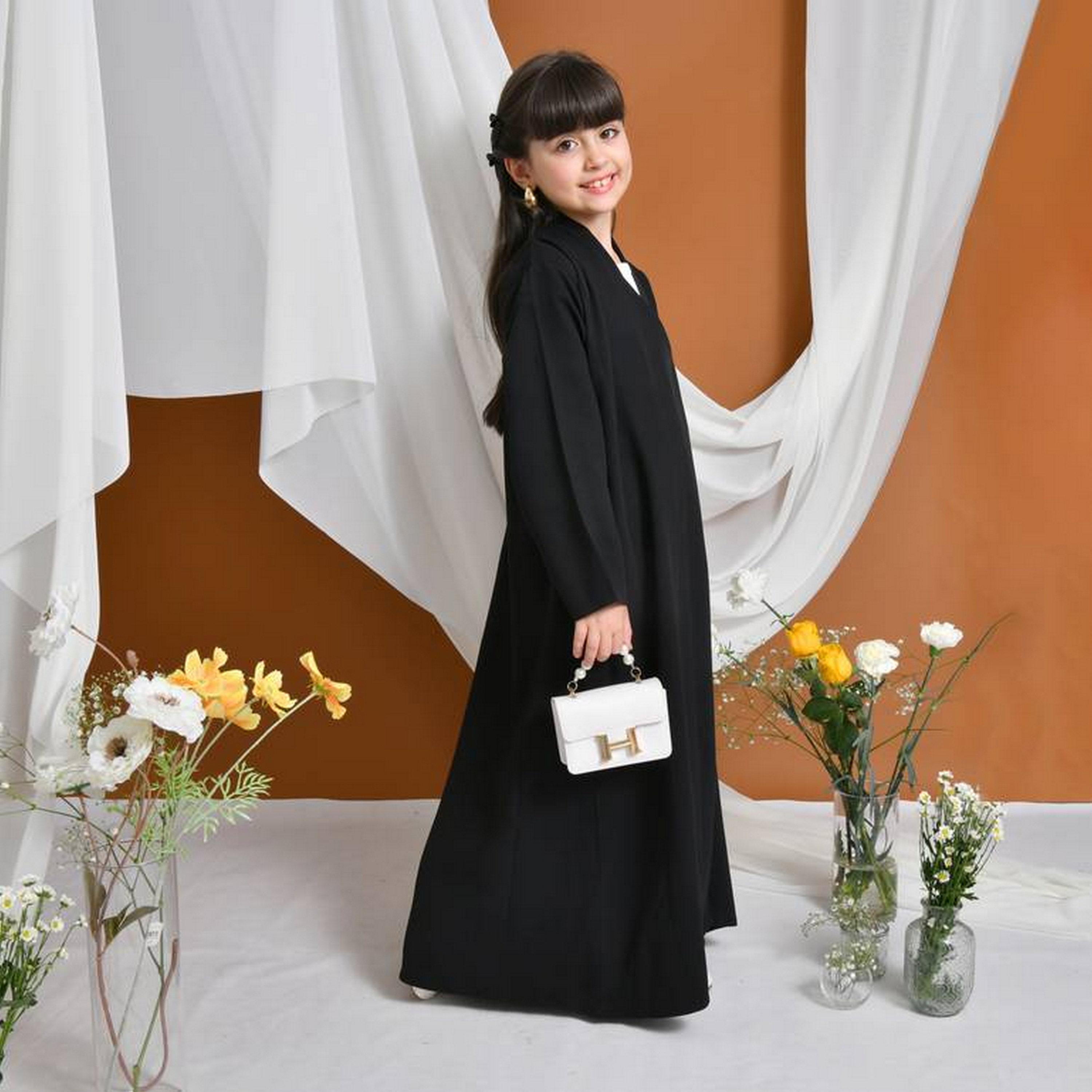 Hawraa Black Linen Girls Formal Bisht Abaya with Hijab-girls-arabicclothing-abayas-image-4