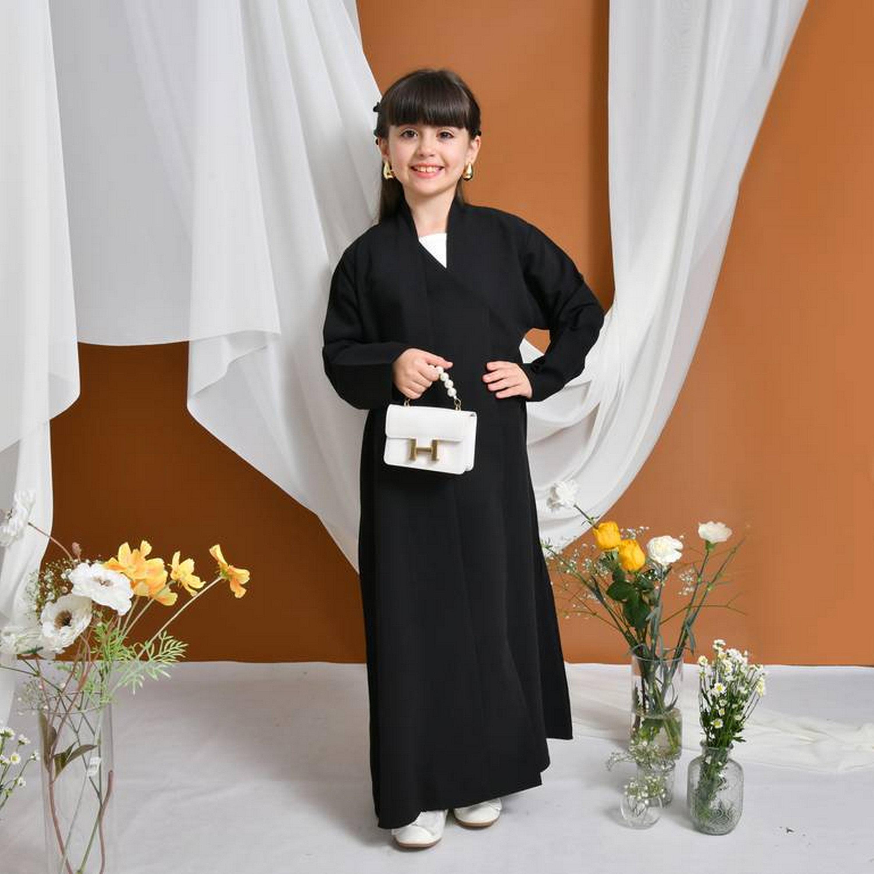 Hawraa Black Linen Girls Formal Bisht Abaya with Hijab-girls-arabicclothing-abayas-image-5
