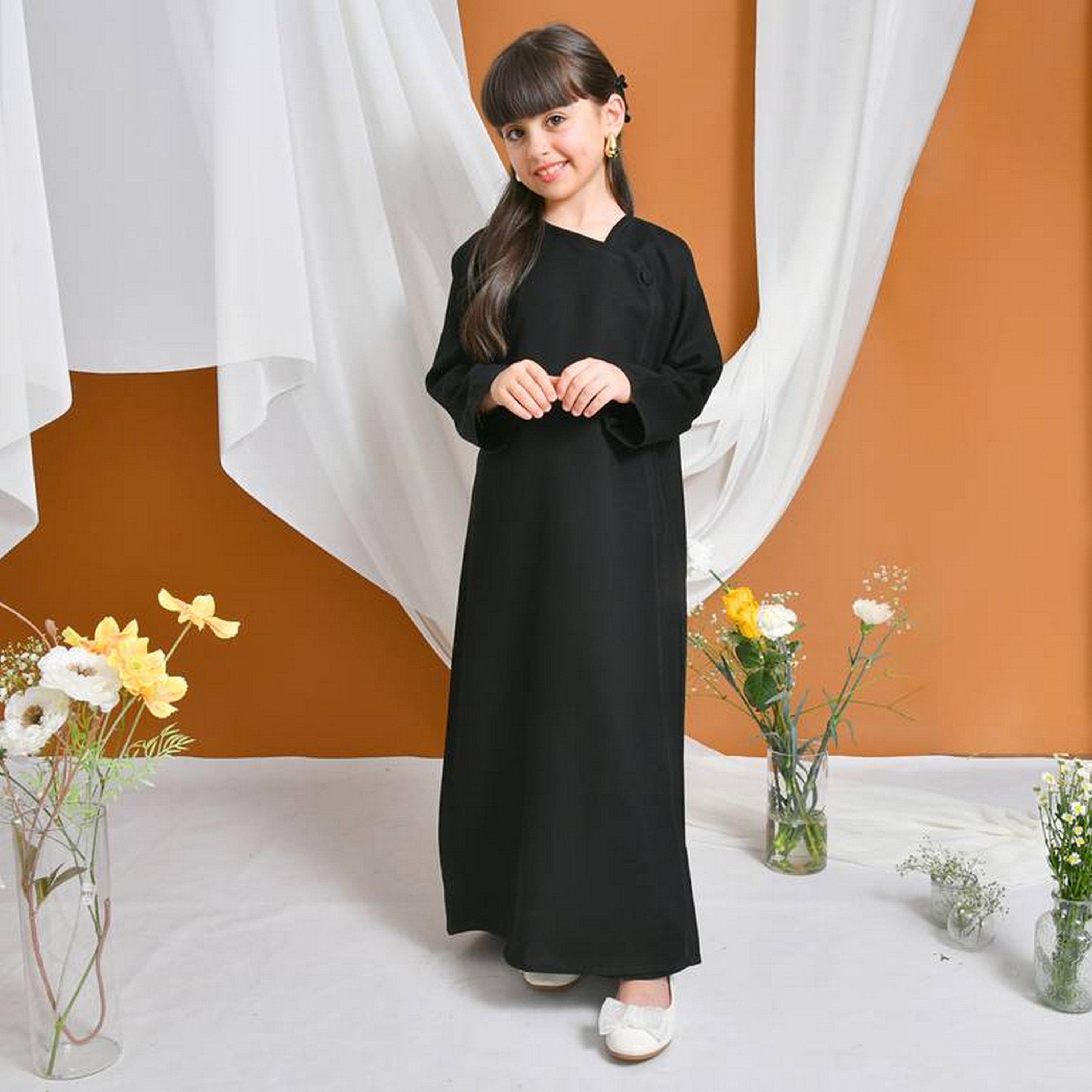 Hawraa Black Asymmetric Neck Linen Girls Abaya with Hijab-girls-arabicclothing-abayas-image-1