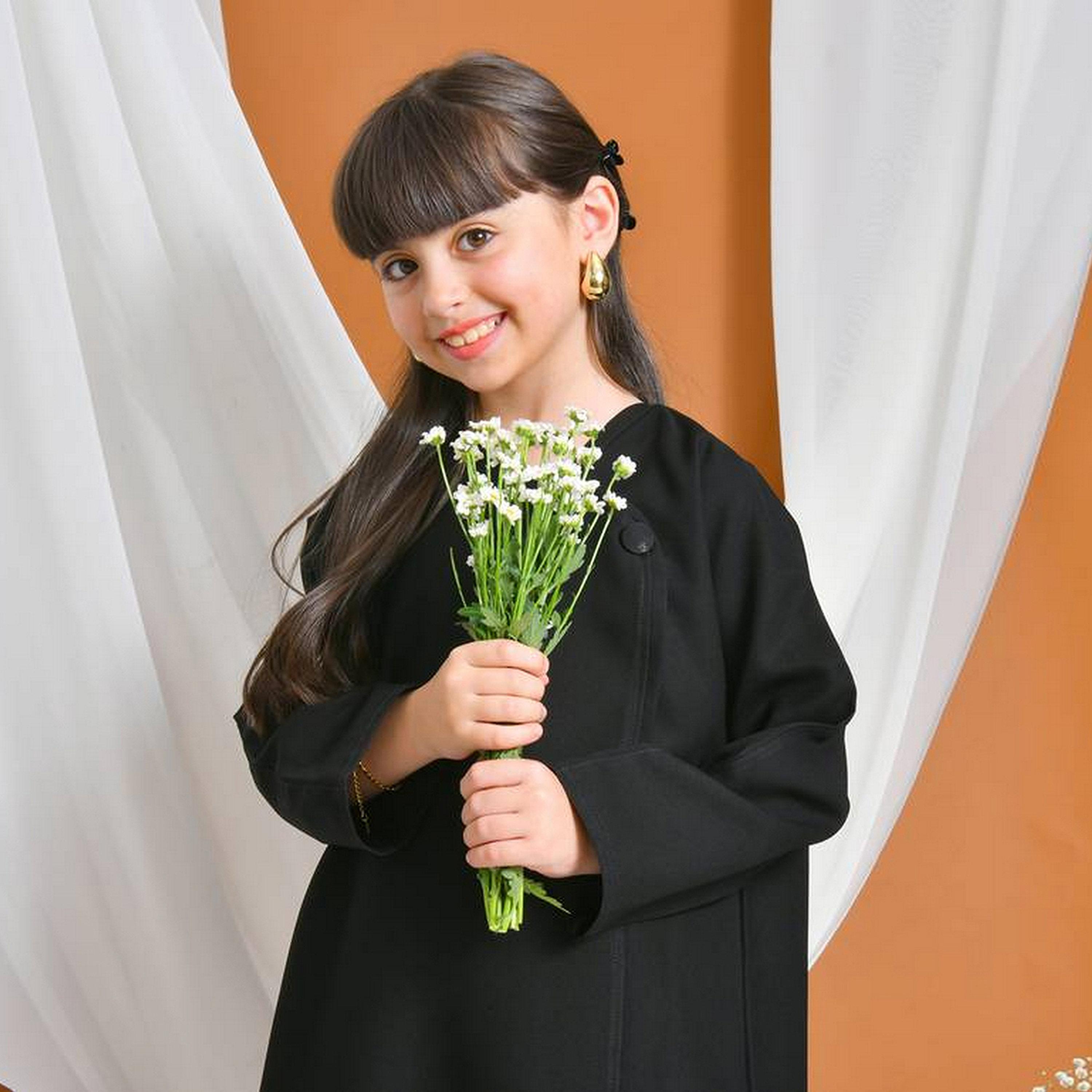 Hawraa Black Asymmetric Neck Linen Girls Abaya with Hijab-girls-arabicclothing-abayas-image-2