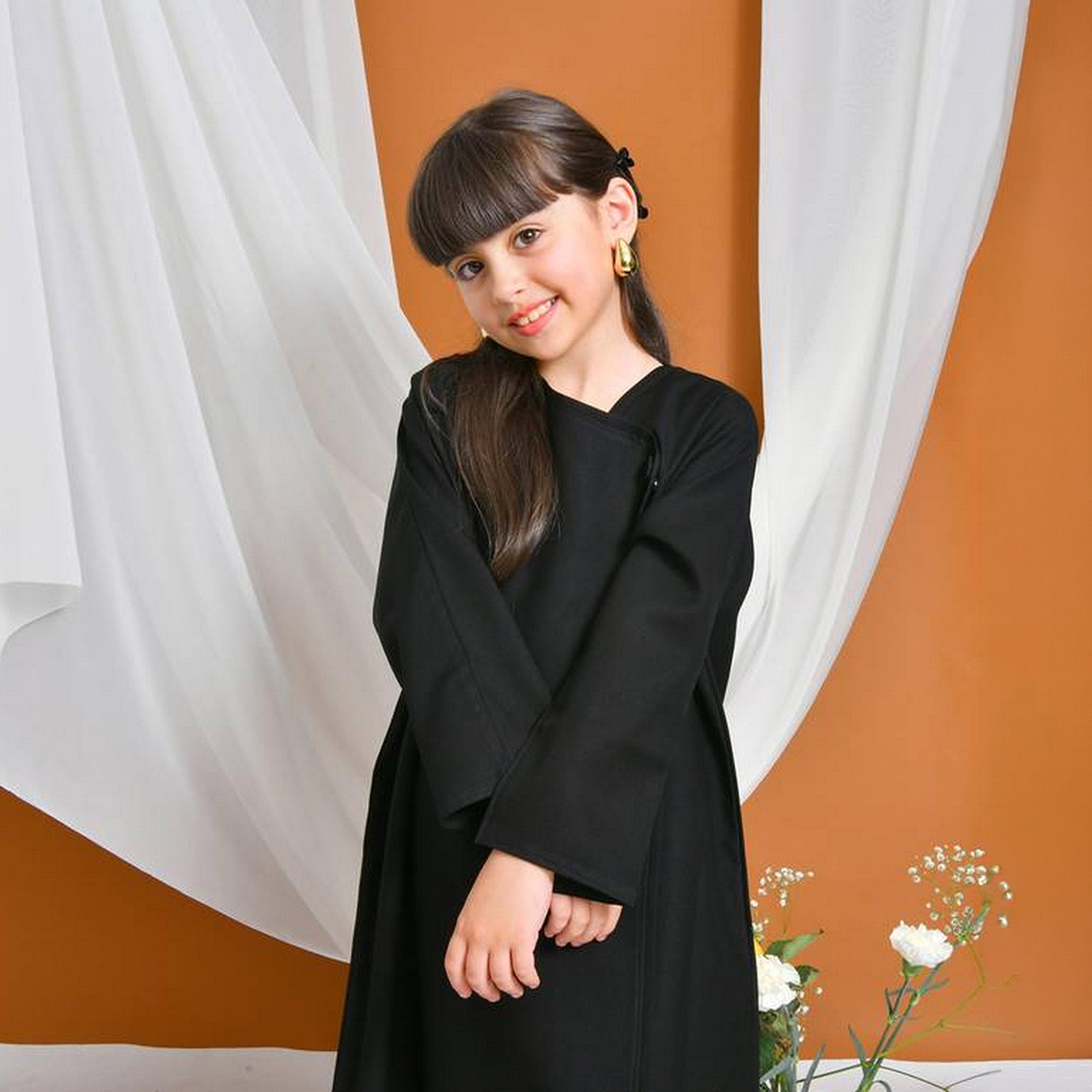 Hawraa Black Asymmetric Neck Linen Girls Abaya with Hijab-girls-arabicclothing-abayas-image-3