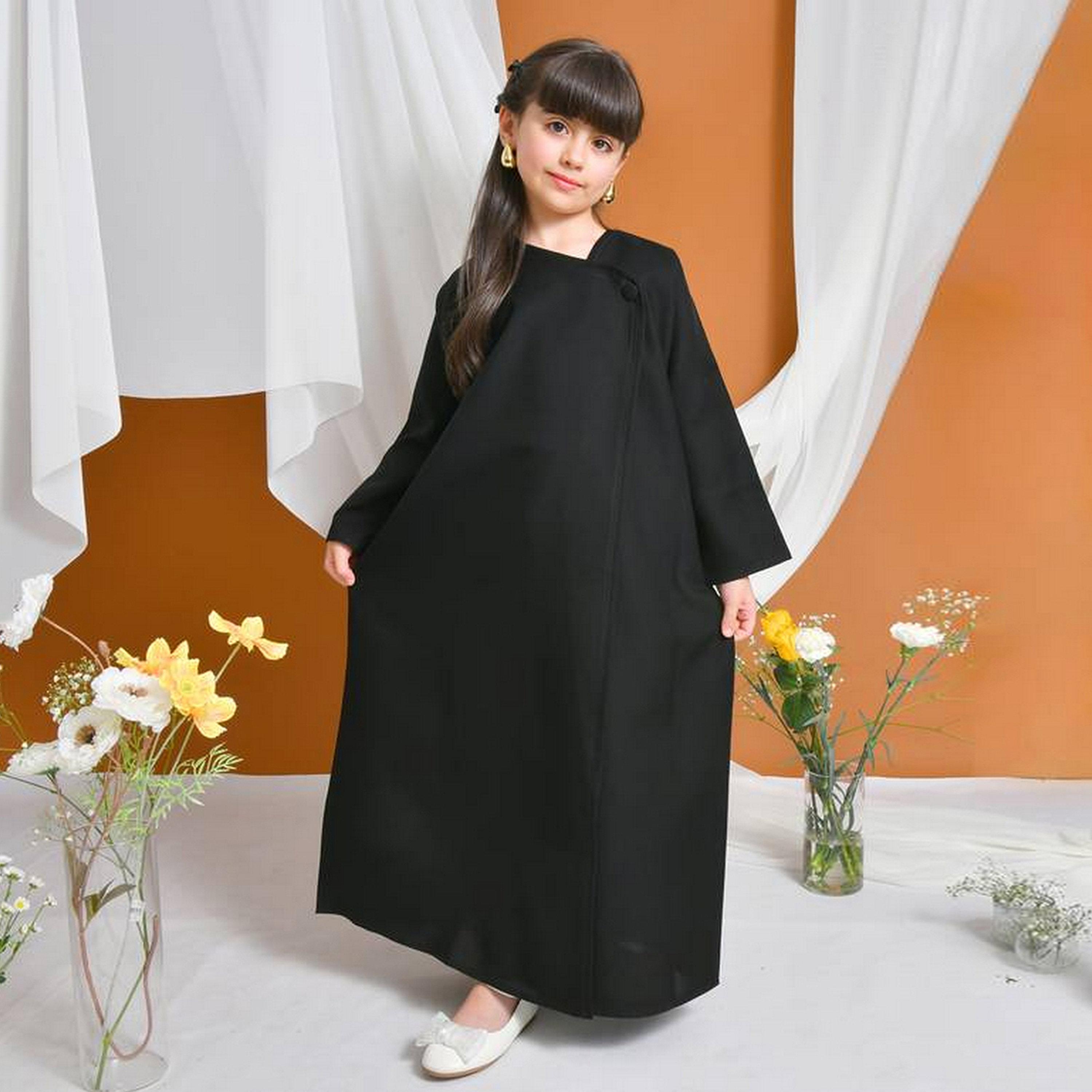 Hawraa Black Asymmetric Neck Linen Girls Abaya with Hijab-girls-arabicclothing-abayas-image-4
