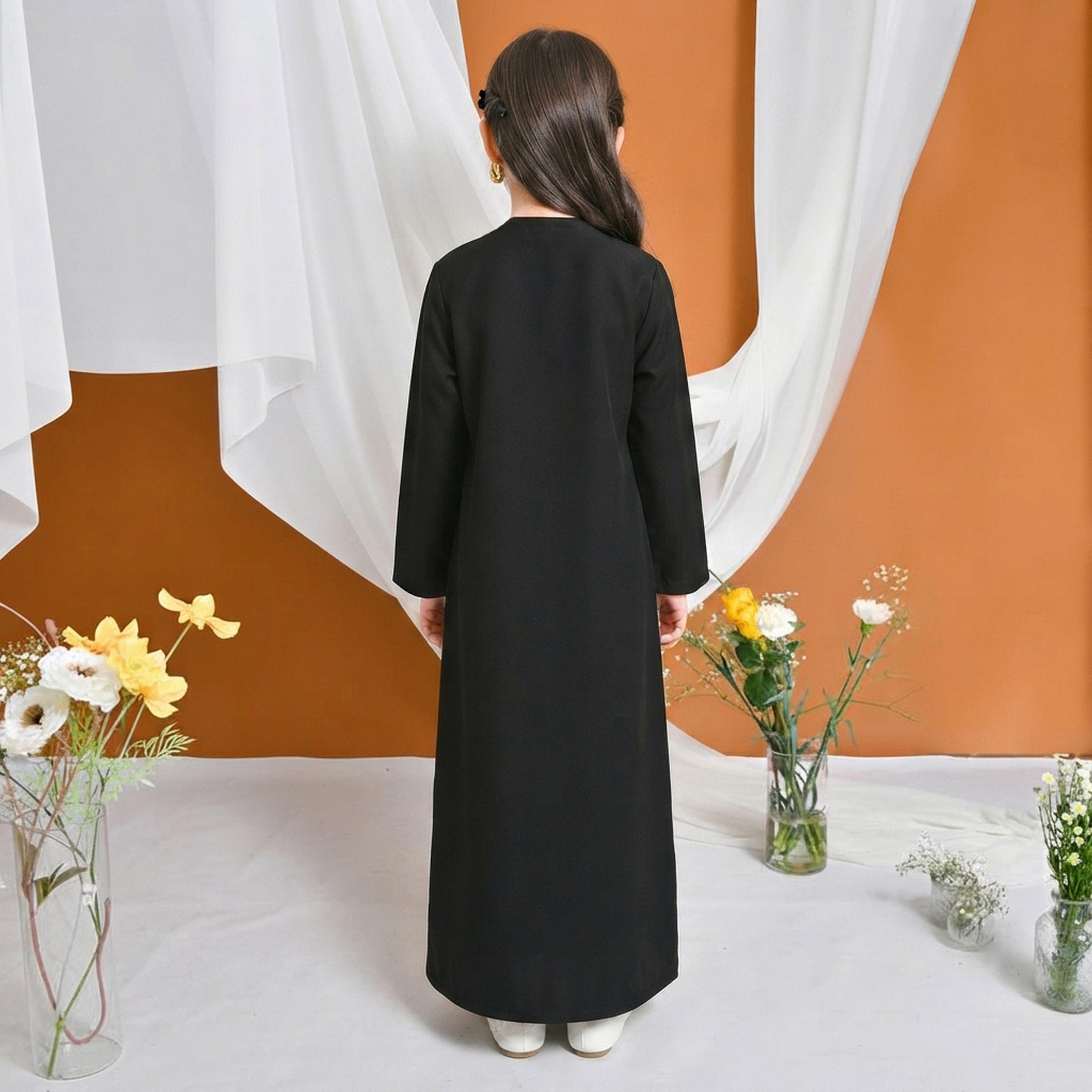 Hawraa Black Asymmetric Neck Linen Girls Abaya with Hijab-girls-arabicclothing-abayas-image-5