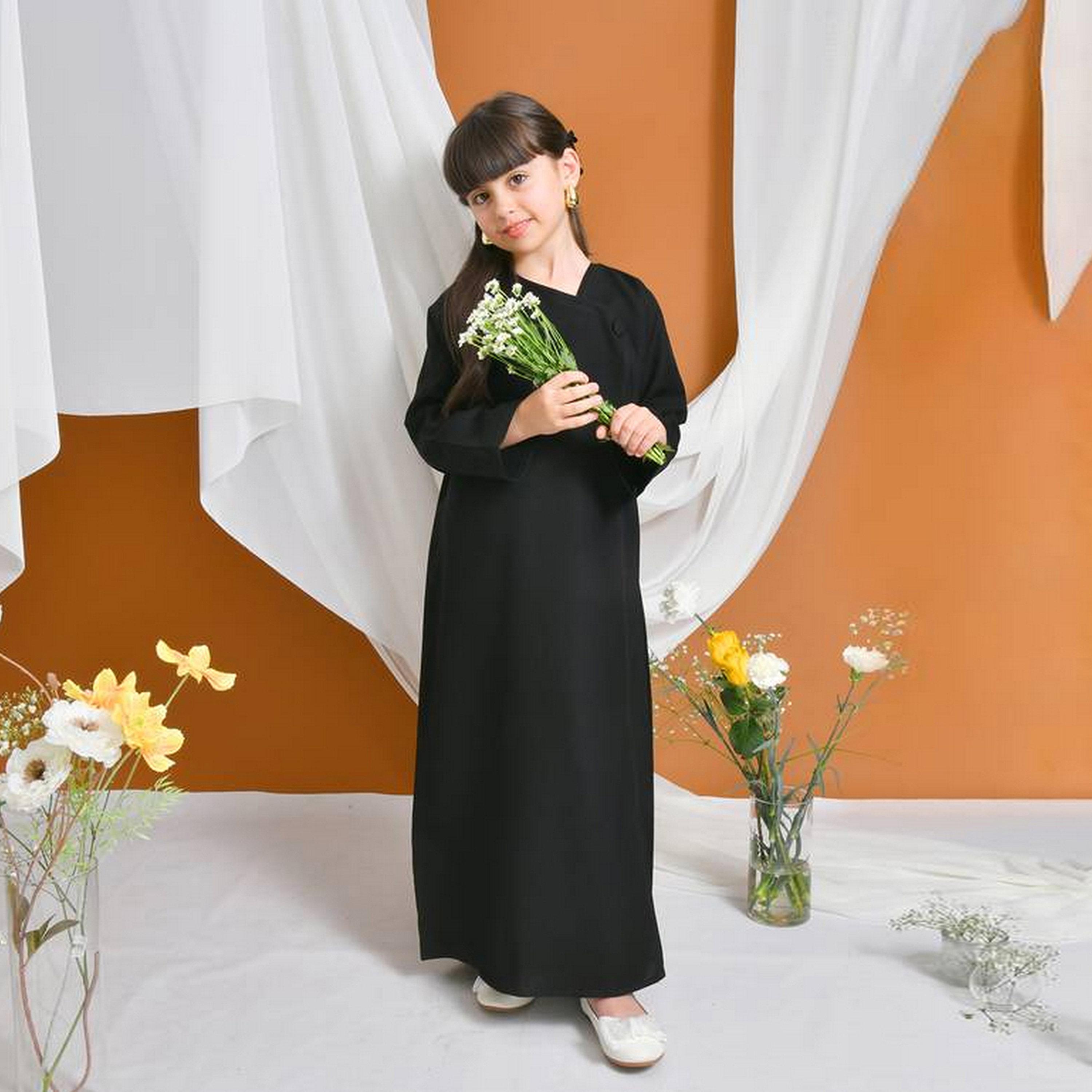 Hawraa Black Asymmetric Neck Linen Girls Abaya with Hijab-girls-arabicclothing-abayas-image-6