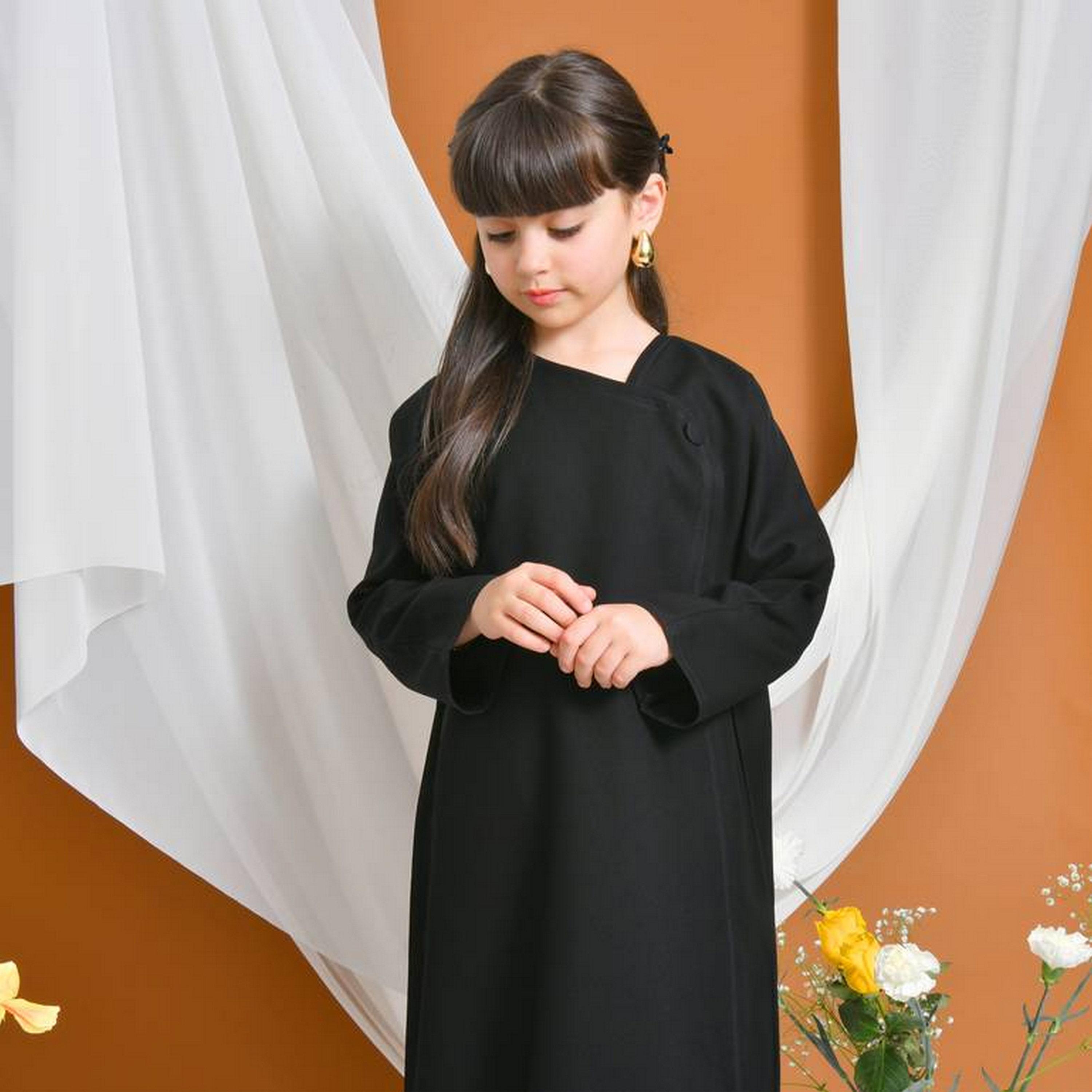 Hawraa Black Asymmetric Neck Linen Girls Abaya with Hijab-girls-arabicclothing-abayas-image-7
