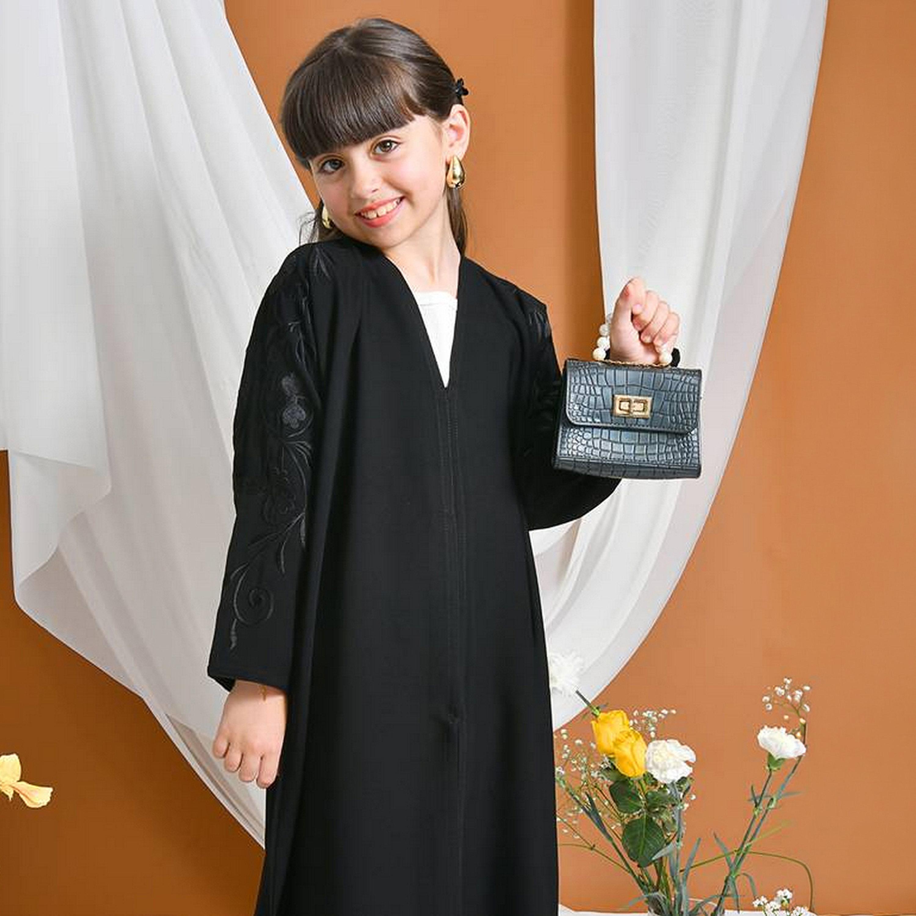 Hawraa Black Floral Embroidered Sleeves Linen Girls Abaya with Hijab-girls-arabicclothing-abayas-image-2