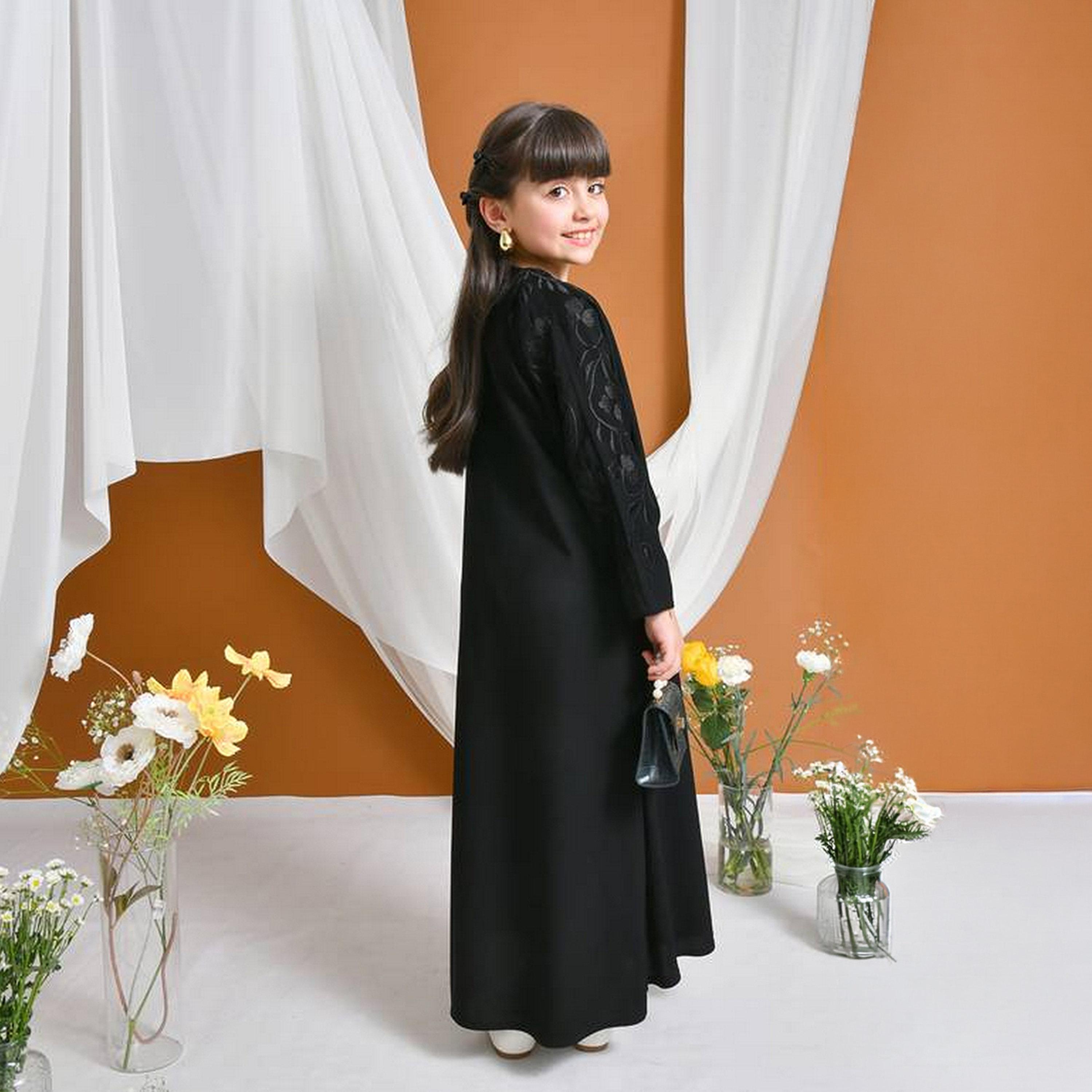 Hawraa Black Floral Embroidered Sleeves Linen Girls Abaya with Hijab-girls-arabicclothing-abayas-image-4
