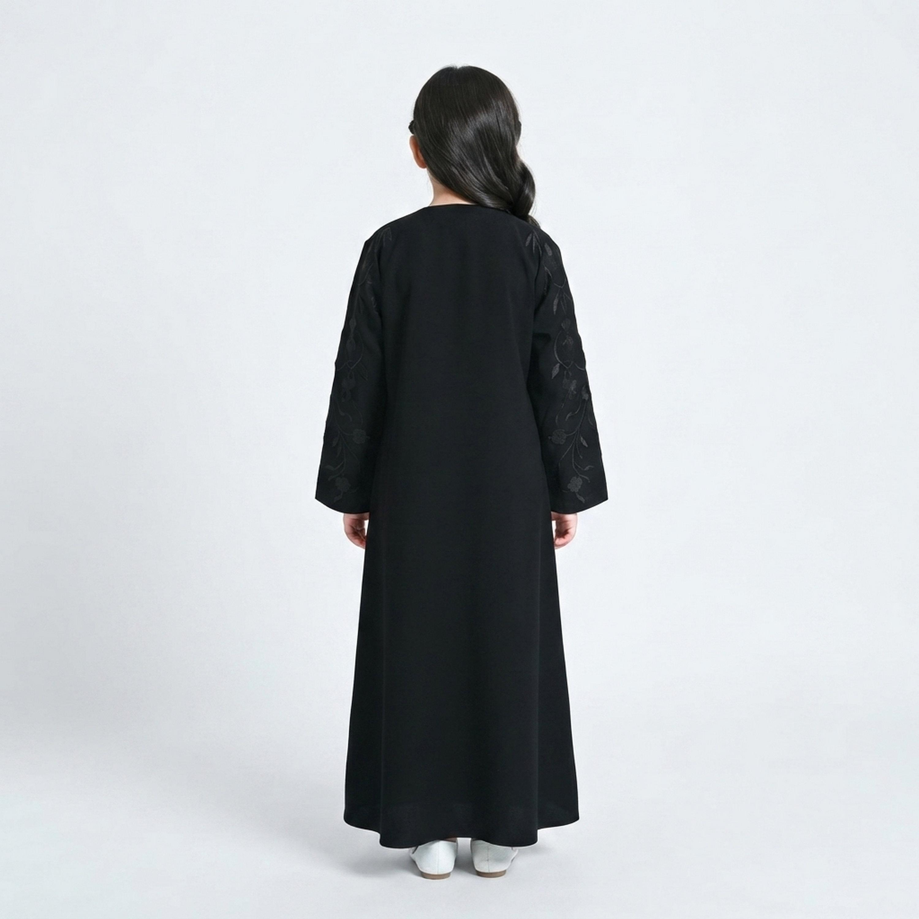 Hawraa Black Floral Embroidered Sleeves Linen Girls Abaya with Hijab-girls-arabicclothing-abayas-image-5