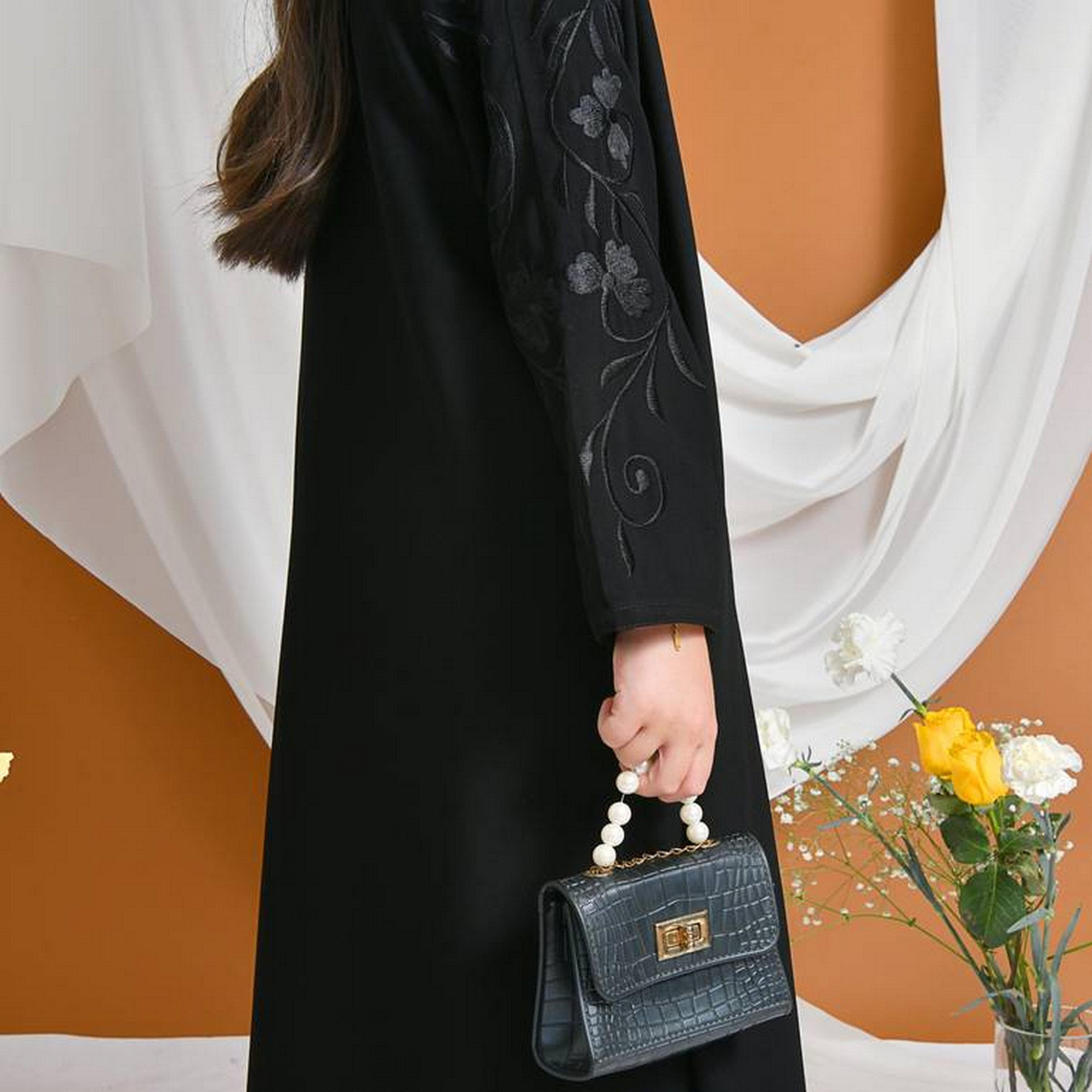 Hawraa Black Floral Embroidered Sleeves Linen Girls Abaya with Hijab-girls-arabicclothing-abayas-image-6
