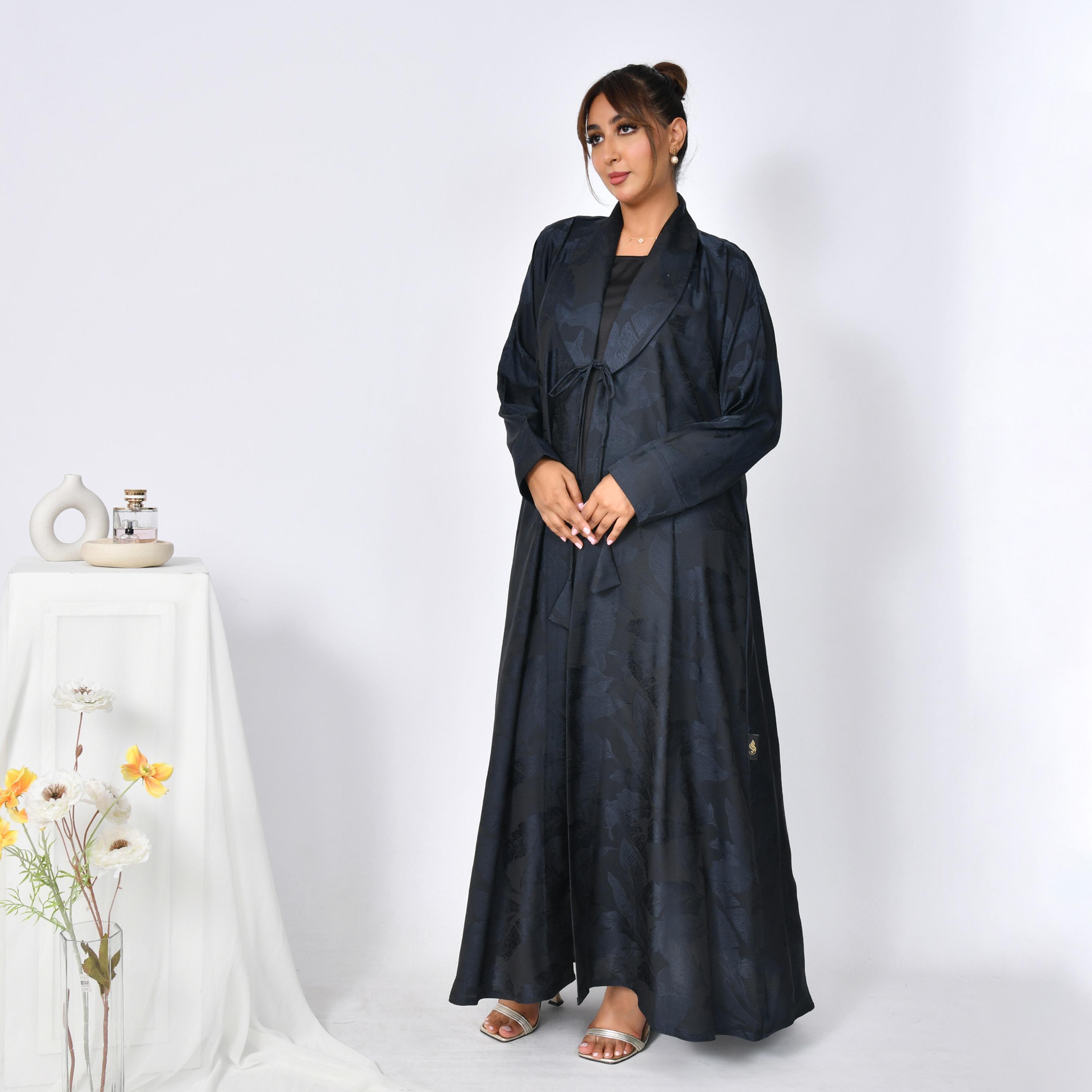 Hawraa Abaya Deep Blue Jacquard Leafs Shawl Lapel Linen Women's Flared Abaya-women-arabicclothing-abayas-image-1