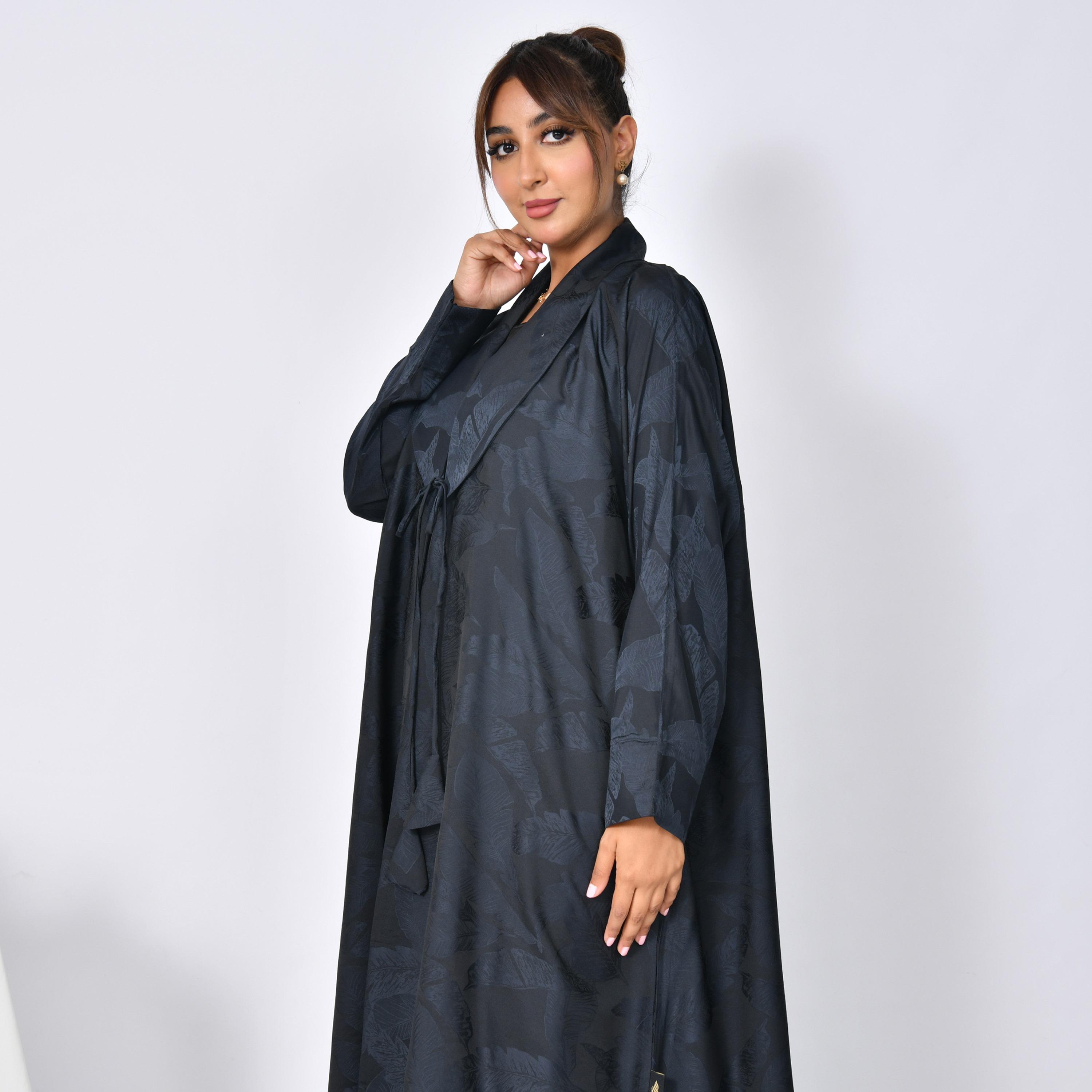 Hawraa Abaya Deep Blue Jacquard Leafs Shawl Lapel Linen Women's Flared Abaya-women-arabicclothing-abayas-image-2
