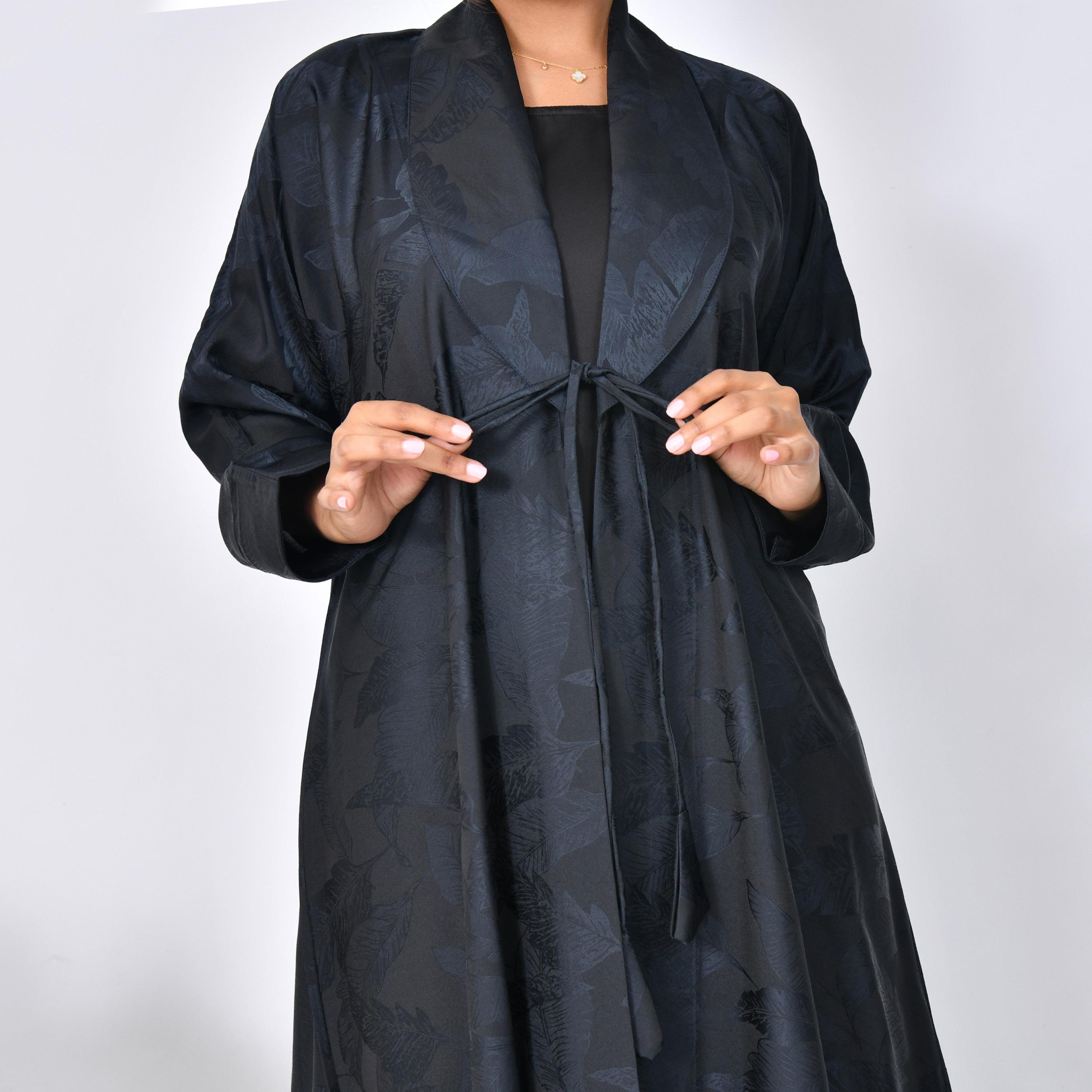 Hawraa Abaya Deep Blue Jacquard Leafs Shawl Lapel Linen Women's Flared Abaya-women-arabicclothing-abayas-image-3
