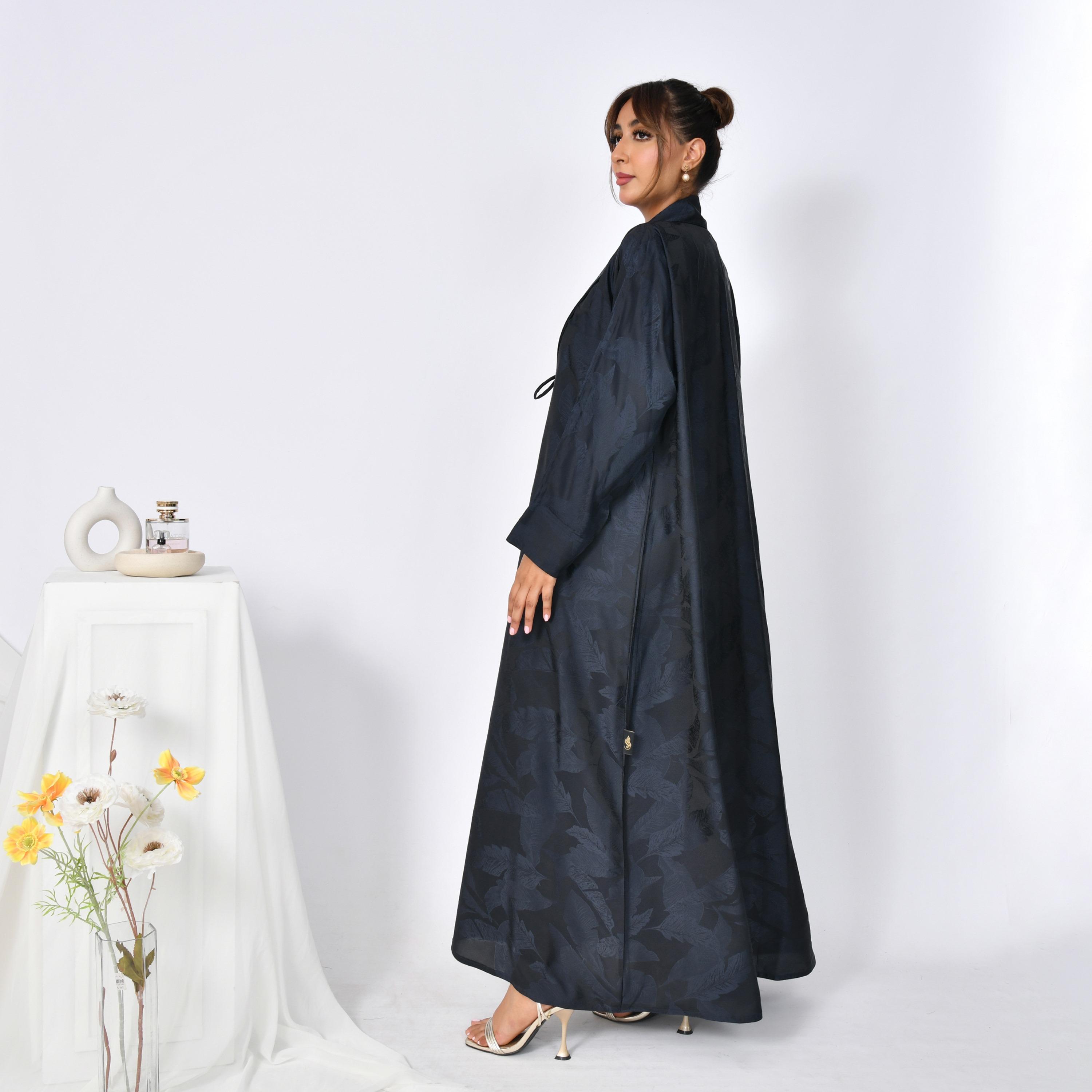 Hawraa Abaya Deep Blue Jacquard Leafs Shawl Lapel Linen Women's Flared Abaya-women-arabicclothing-abayas-image-4