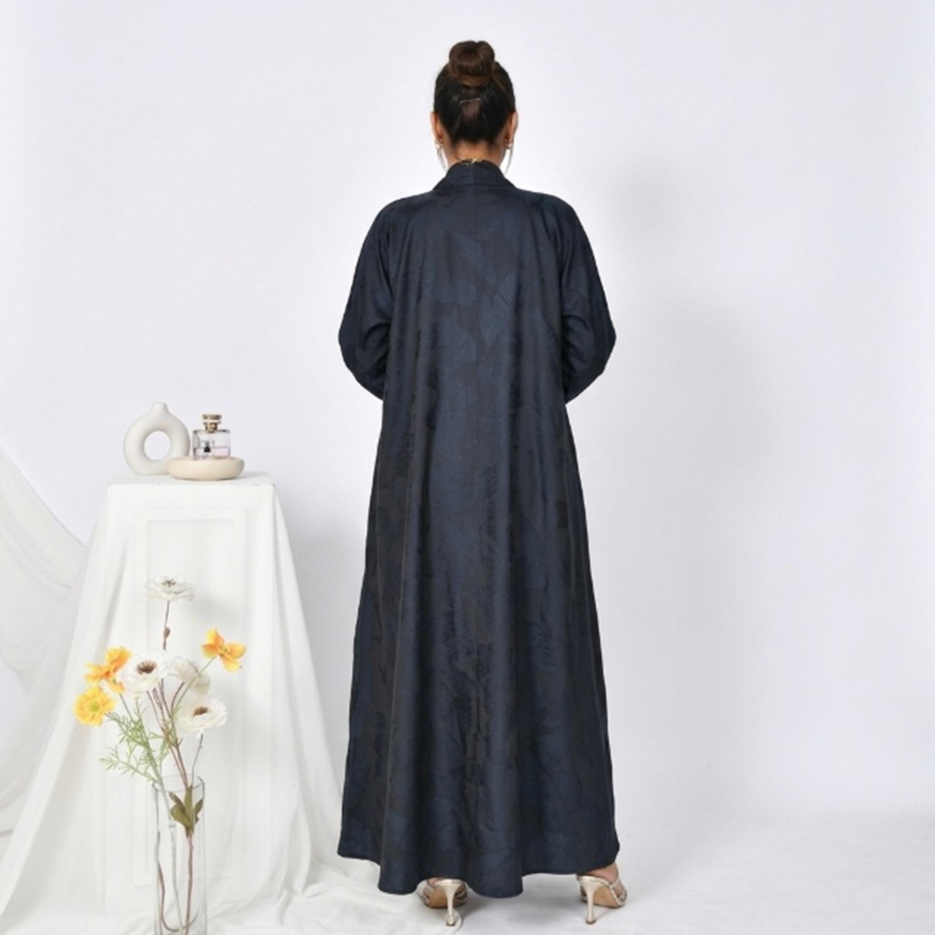 Hawraa Abaya Deep Blue Jacquard Leafs Shawl Lapel Linen Women's Flared Abaya-women-arabicclothing-abayas-image-5